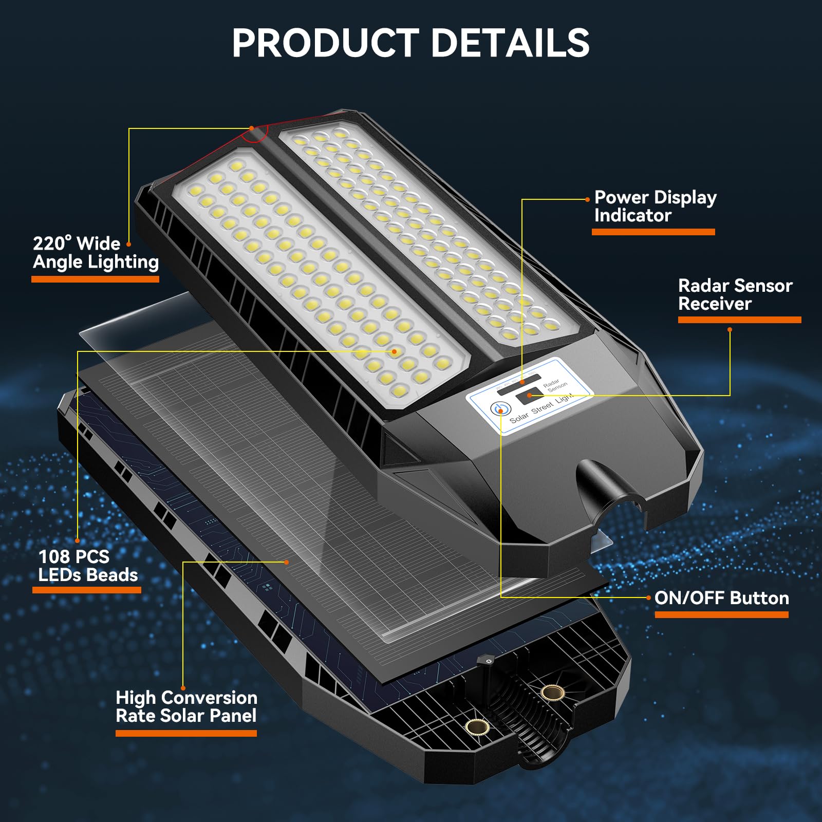 1200W Farola solar LED exterior Lámparas Solares Detector de Movimiento y Mando a Distancia, IP67 Resistente al Agua,4 Modos de Iluminación,6500K Superbrillante para Jardín,Patio,Garaje