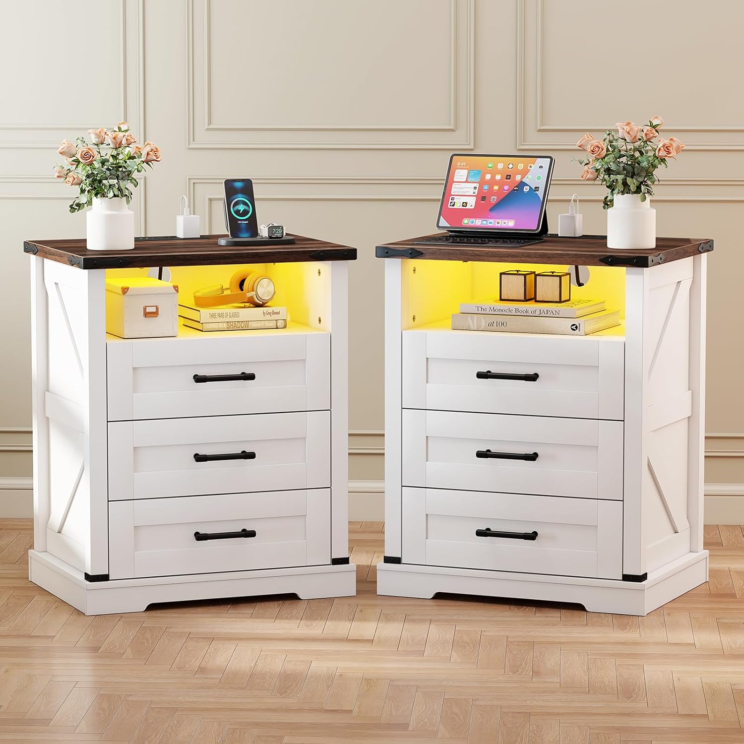 Turosur 22'' Night Stand with Charging Station Tall Farmhouse Nightstands Set of 2 Wood Bedside Table with 3 Drawers Open Storage Human Sensor Led Light End Table for Bedroom(White)