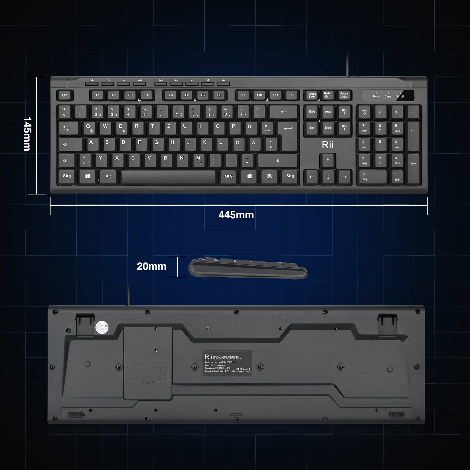 Rii RK907 Wired Tastiera USB per Mac/PC/Tablet/Windows/Android/Microsoft, Layout Tedesco QWERTZ, Nero