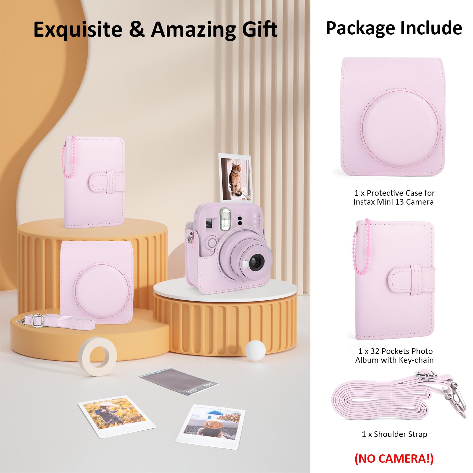 Custodia e album per fotocamera Instax Mini 13, elegante cover protettiva in pelle PU per fotocamera Fuji Instax Mini 13, borsa per il trasporto con album fotografico e tracolla - Rosa