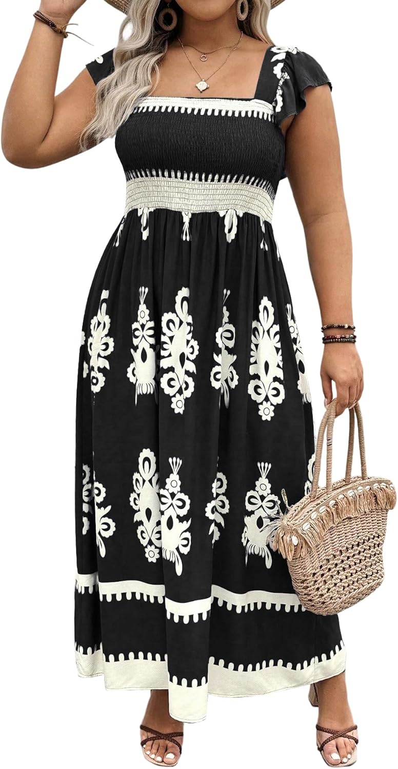 SHENHE Women's Plus Size Square Neck Tie Back Smocked Flutter Sleeve Flowy Maxi Boho Dress