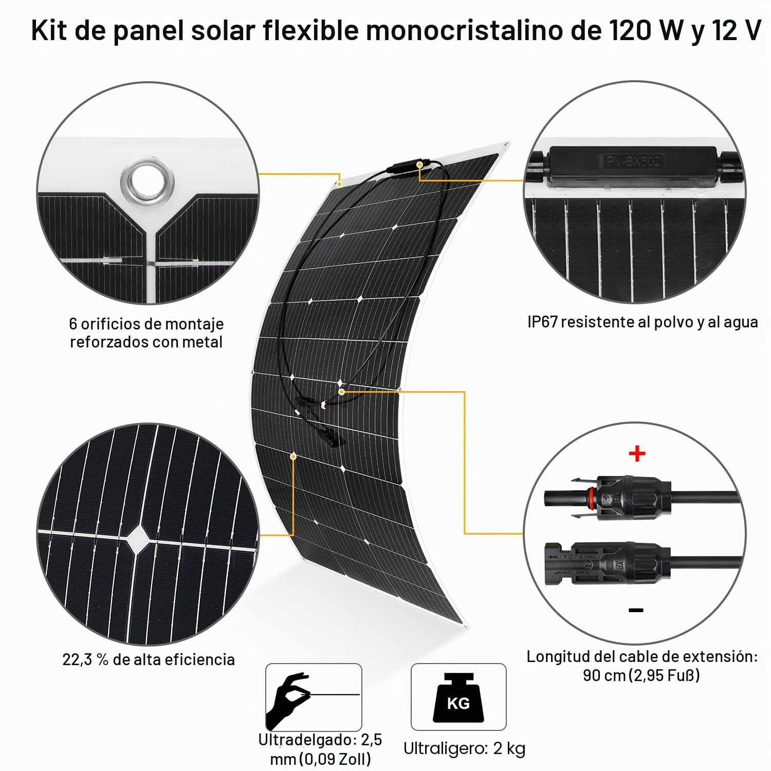 【120W Panel Solar 12V Flexible Kit】DERUXI Placa Solar 12V 120Watt Flexible+Regulador de Carga 30A+4PCS Cable Solares+6Pcs Bridas Metalicas, 120W Panel Solar para Balcón RV Barcos Caravana Baterías