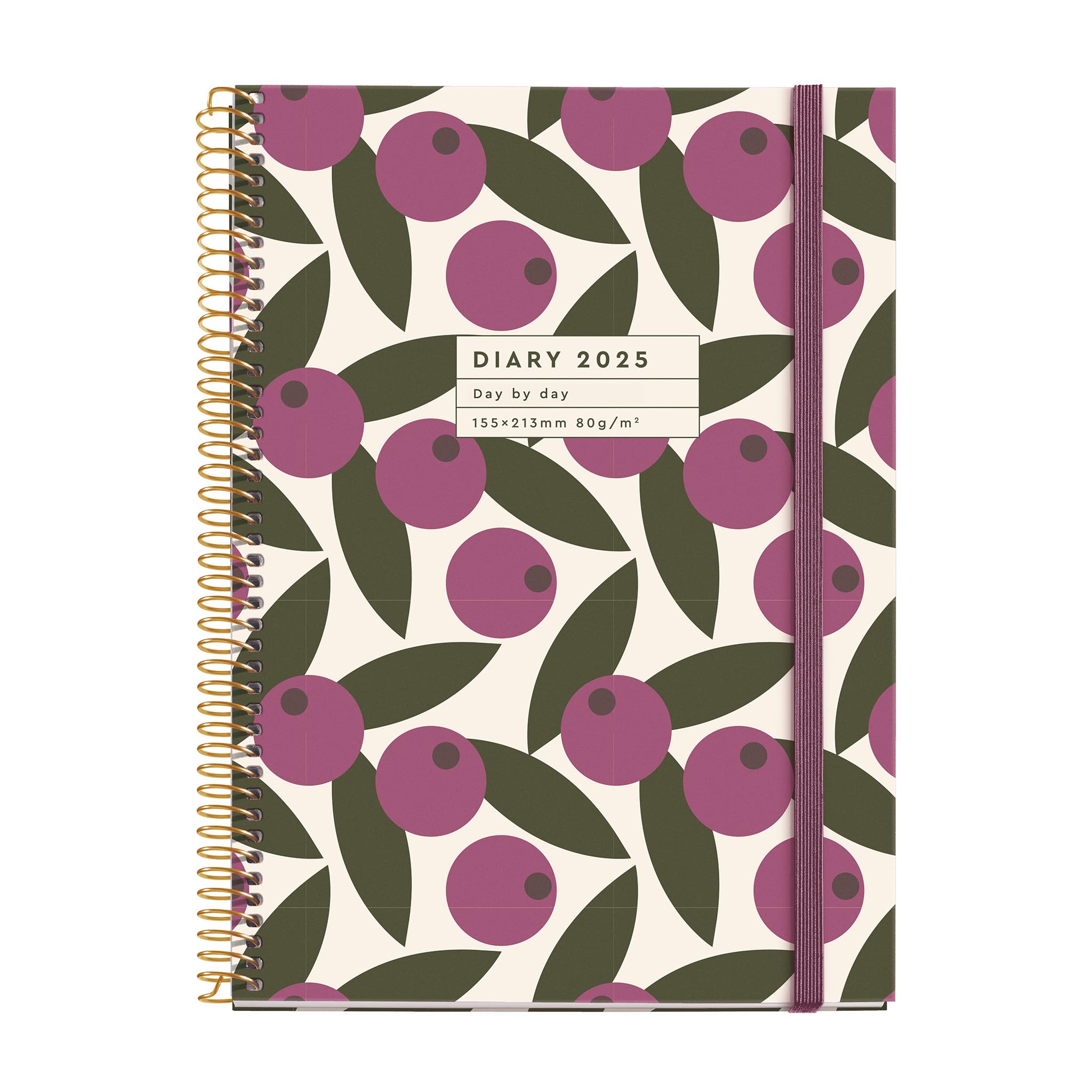 Miquelrius - Agenda 2025, Agenda anual 155x213 mm, Agenda día página, Cubierta cartón forrado plastificado, Espiral, Cierre goma elástica, Papel 80 g/m², Catalán, Inglés y Portugués, Oliva