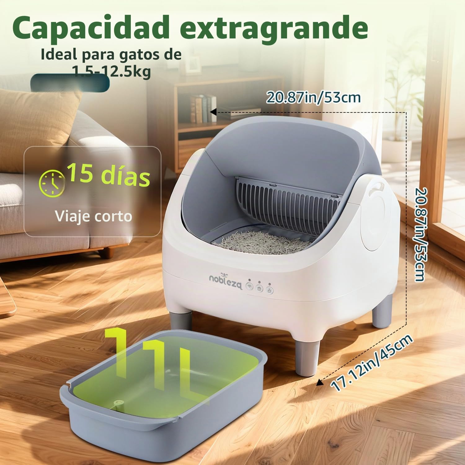 Nobleza Arenero Autolimpiable para Gatos SL03 - Caja de Arena Automática con Control por App, Diseño Abierto y Seguro, Capacidad XXL 12L para Varios Gatos, Incluye Bolsas y Ambientador, Blanco