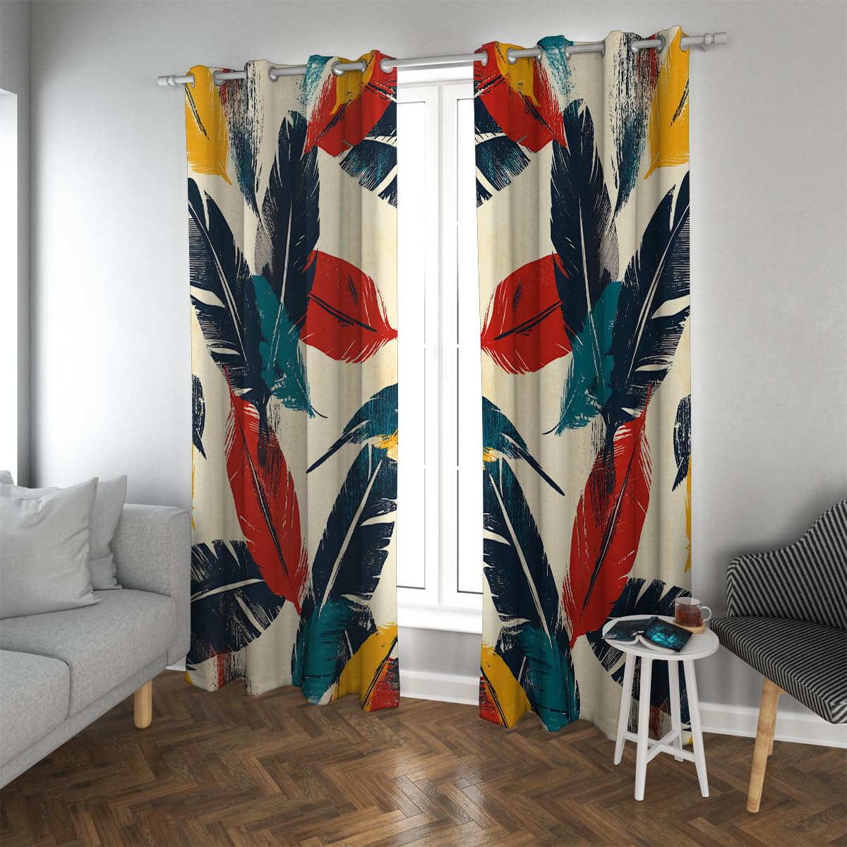 Rideaux occultants pour grand salon avec motif plumes entretien facile