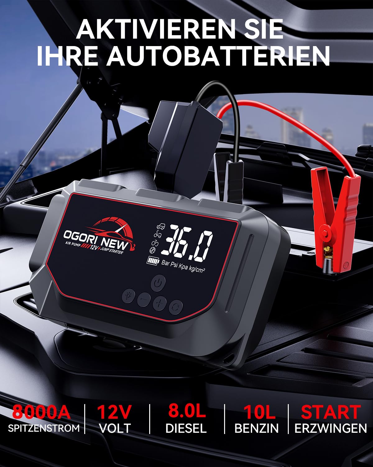 Arrancador de Baterias de Coche 8000A,Arrancador de Coches con Compresor de Aire 150PSI, 12V Arrancador Coche para Vehículo (10L Gasolina/8L Diésel),Jump Starter con Pantalla LCD,Linterna LED