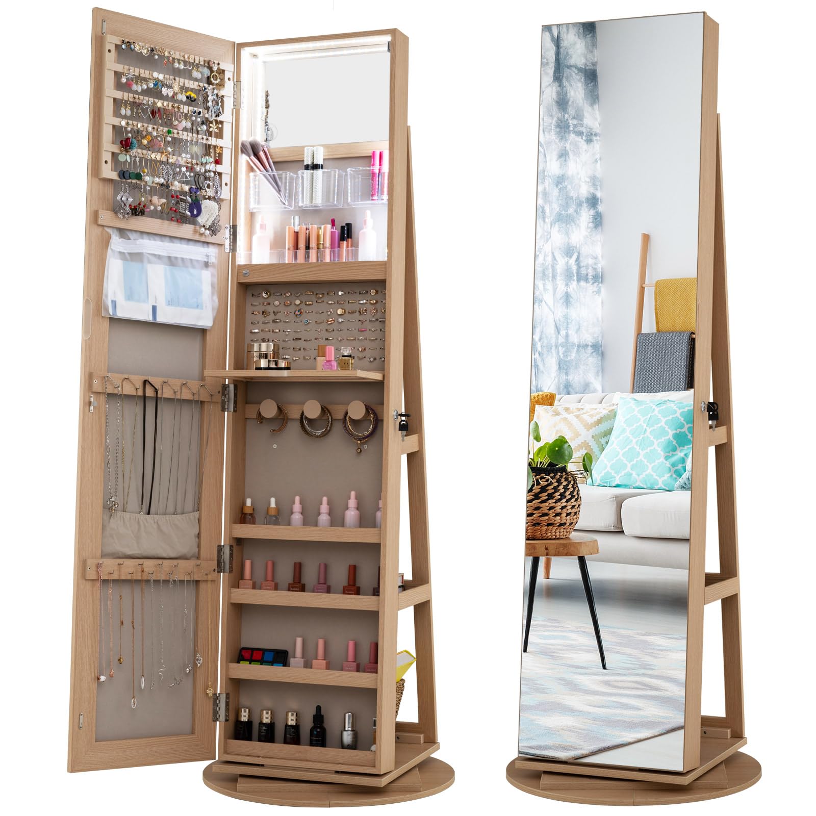 Multigot 3-Color LED Lights Jewellery Cabinet, 3-in-1 360° Swivel Jewelry Armoire with Full-Length Mirror, Lockable Cosmetic Storage Organizer for Dressing Room Living Room Bedroom (Nature)