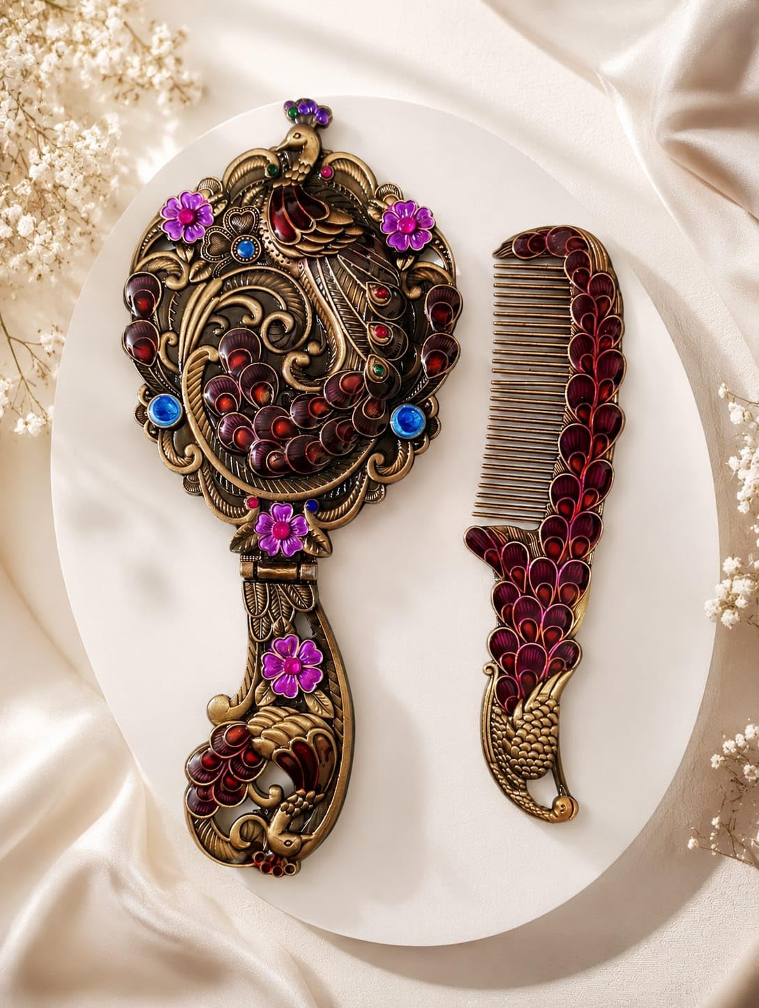 Antique Peacock Style Hand Mirror with Comb Set | Vintage Makeup Mirror & Hair Comb Combo | Assorted Designer Pieces (Random Design Dispatch) | Elegant Gift for Women (Large)-image-29