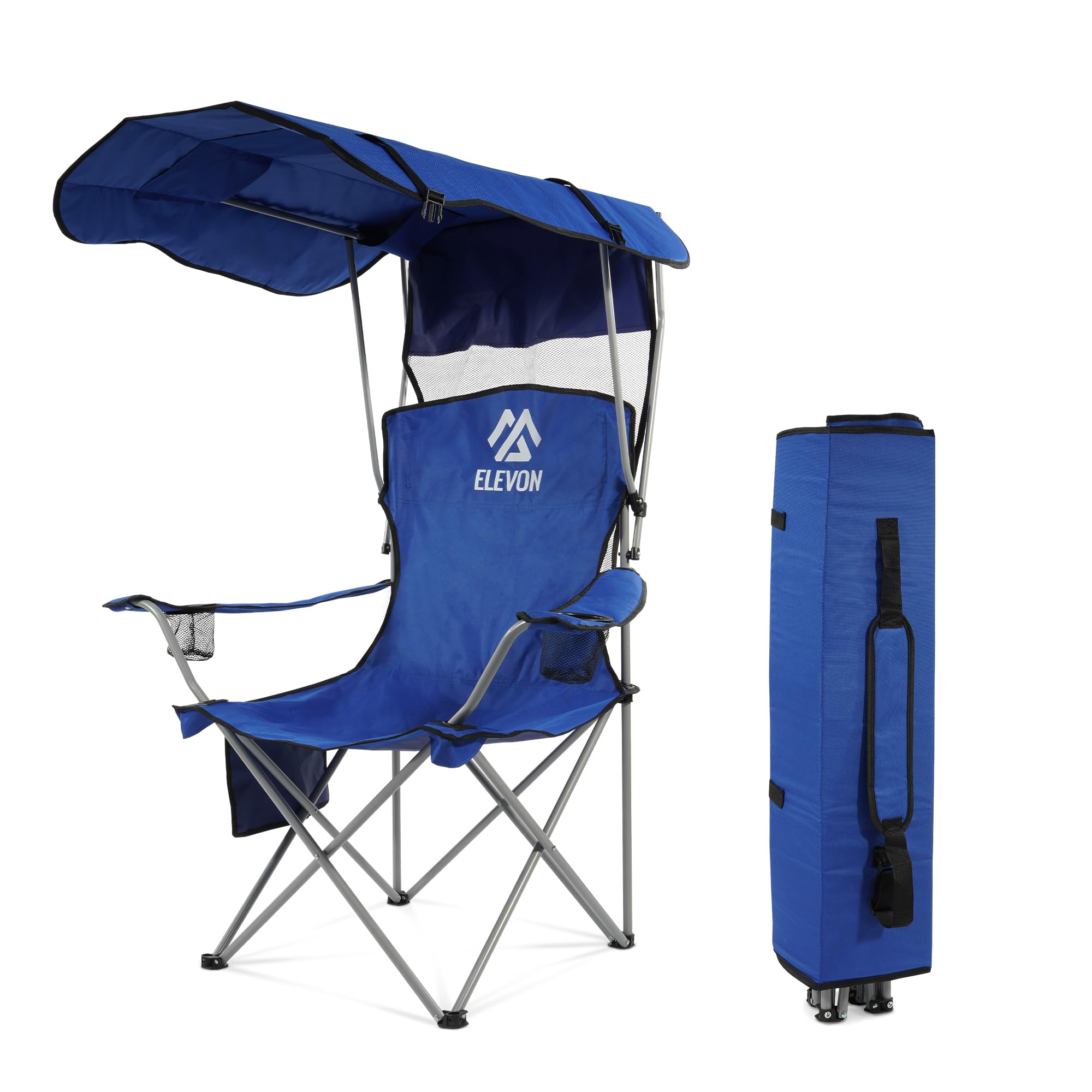 Elevon Camping Chair, Oversized Folding Chair with Canopy, Portable Outdoor Chair with Arms, Cup Holder and Carry Bag for Camping, Fishing, Beach, and Sports, Pearl Blue