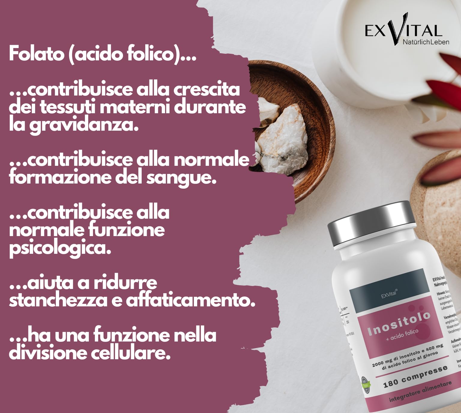 Inositolo, combinato in modo ideale con acido folico, 180 compresse, puro mio-inositolo, ad alto dosaggio: 2000 mg e 400 μg di acido folico al giorno, vegano e senza additivi!