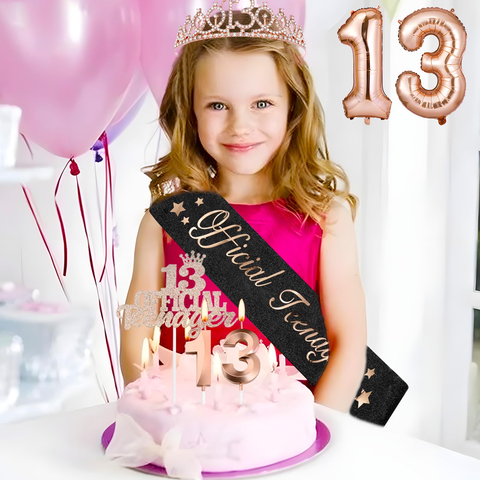 13.Geburtstag Mädchen Deko 13.Geburtstagsschärpe Krone Kerzen Luftballons für 13 Geburtstag Mädchen Party Deko Supplies Teenager Geschenke