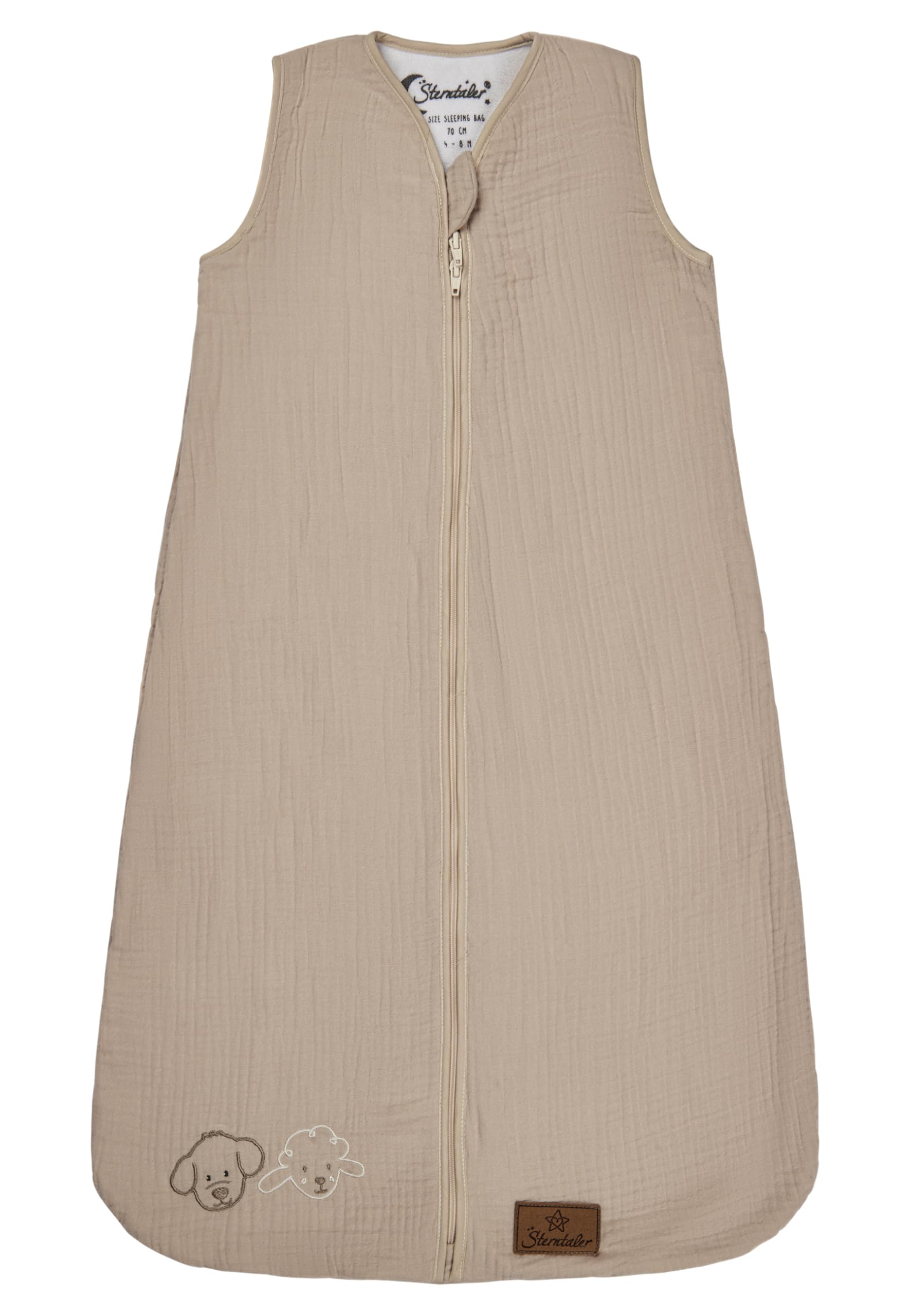 Sterntaler Schlafsack 90 cm Bauernhof - Kinder und Baby Schlafsack unwattiert aus Musselin mit 2-Wege-Reißverschluss und seitlicher Kabelöffnung, mit Feinfrottee Futter, TOG 1,0 - beige