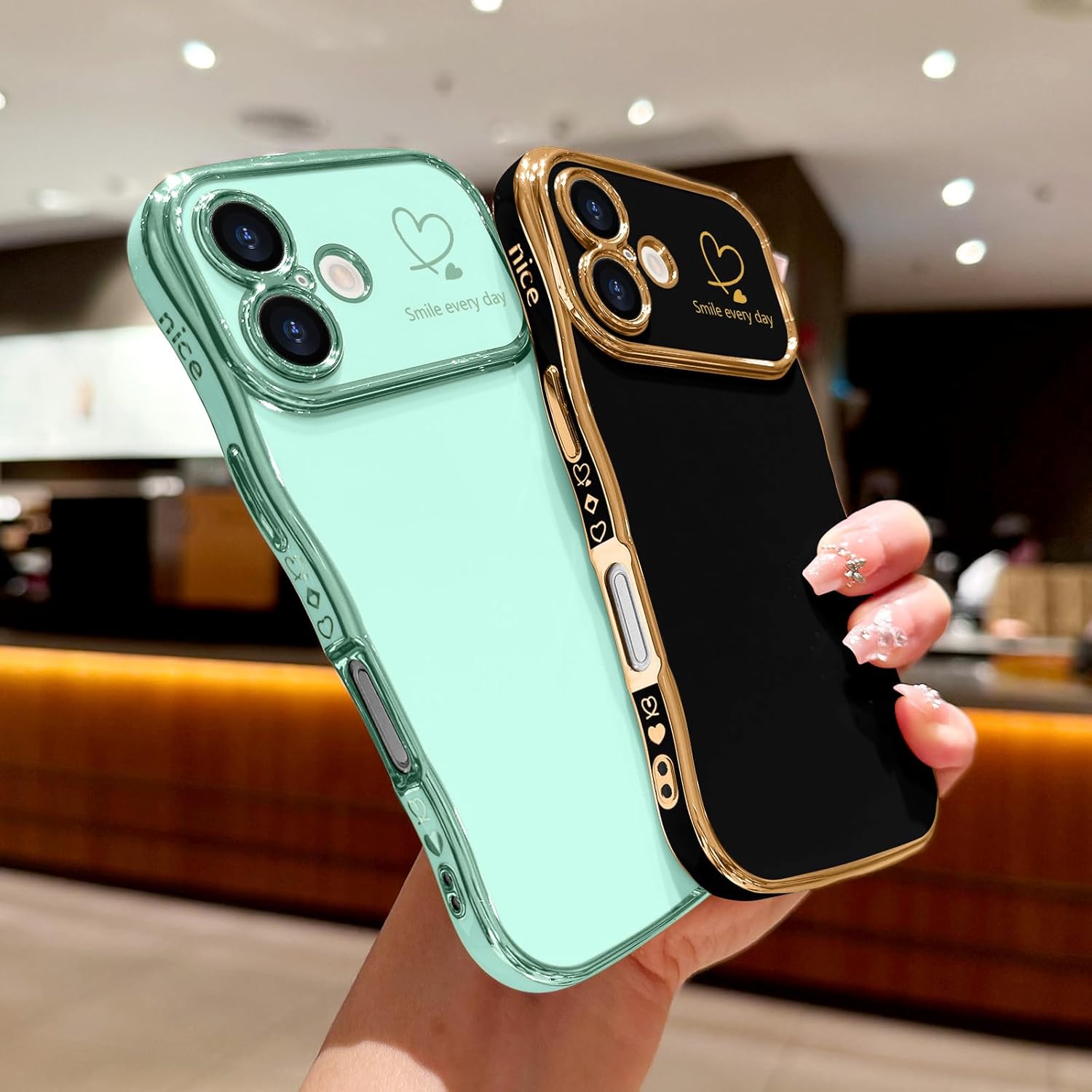 LCHULLE for iPhone 16 Plus Case for Women Girls, Cute Wave Frame Curly Shape with Love Heart Pattern Raised Camera Protection Cover Luxury Plating Shockproof Phone Case for iPhone 16 Plus, Black - Image 6