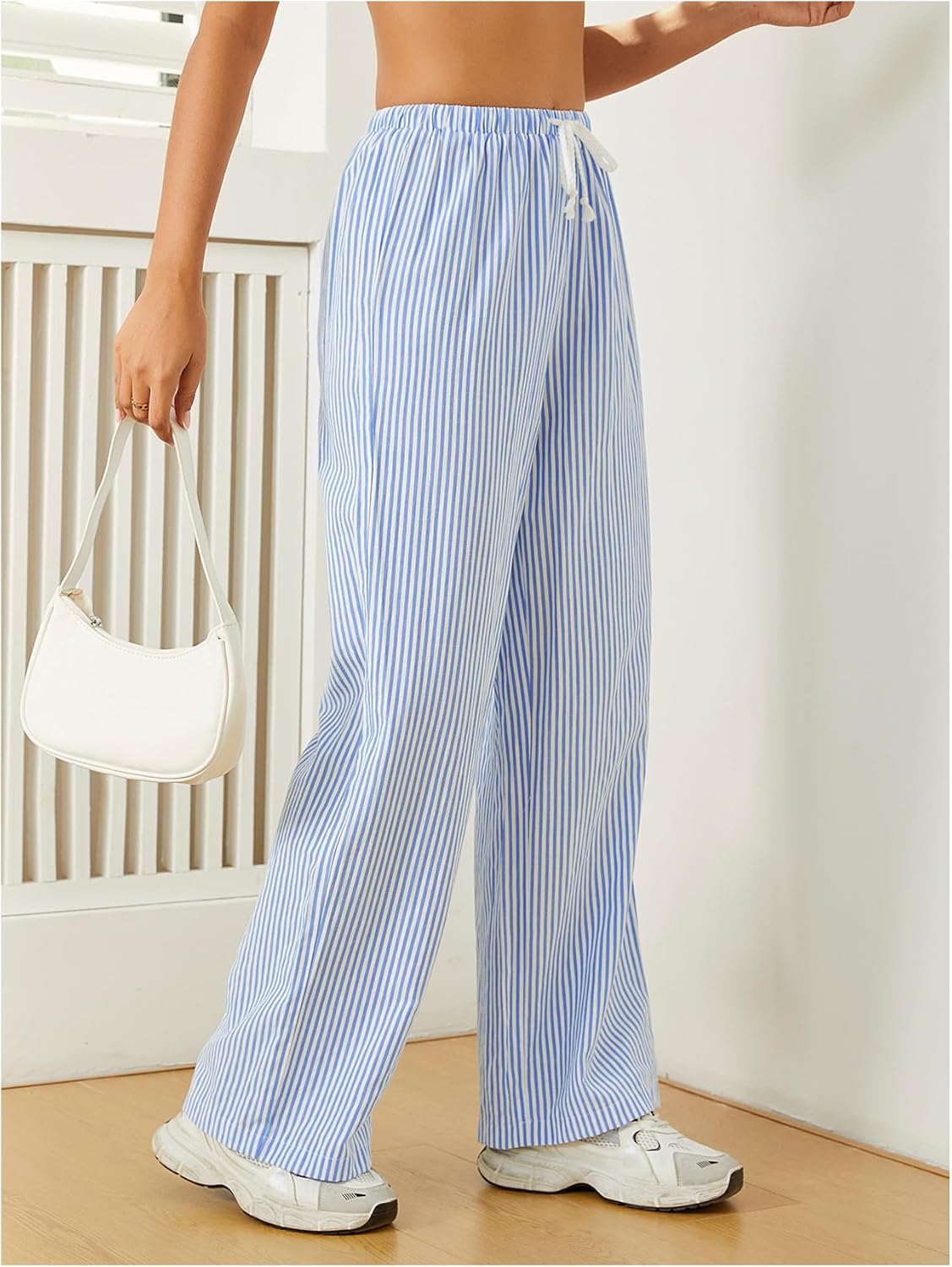 Women's Striped Print Straight Wide Leg Linen Pants Drawstring Waist Slant Pockets Pants Casual Long Pants - Image 2