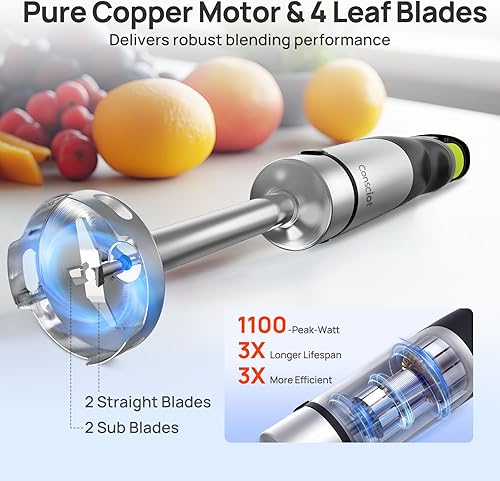 Miniatura 2 de Consciot Licuadora de inmersión 10 en 1 de mano máx. 1100 W con todo el eje de licuadora de acero inoxidable, control de velocidad de gatillo, vaso