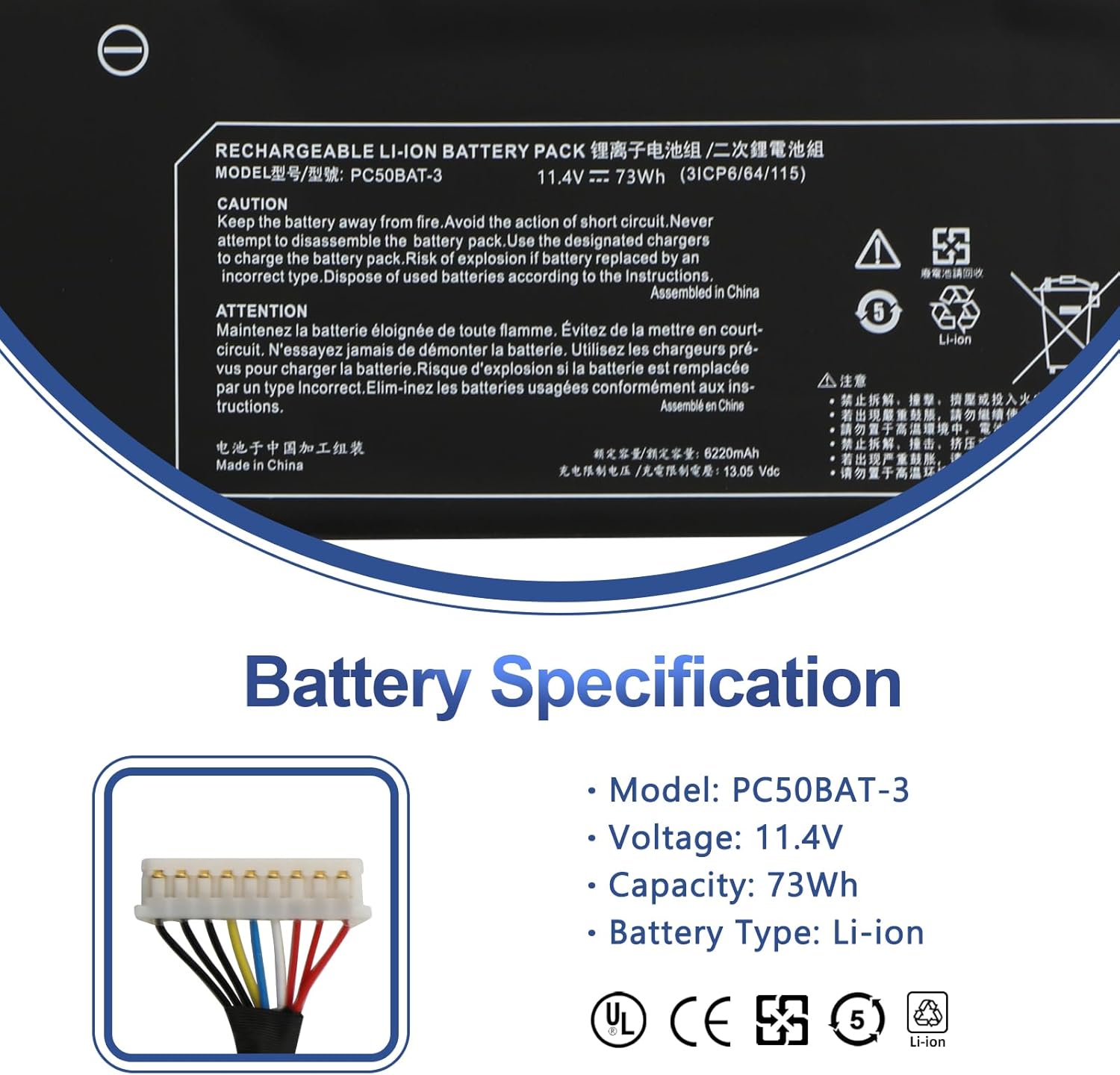 PC50BAT-3 Laptop Battery for Schenker Key 15 Comet Lake Key 15 Gaming for CLEVO PC50DN2 PC50S for SYSTEM76 Oryx PRO 6 for THUNDEROBOT 911 P1 for EUROCOM RX315 NH57AF1 Series 11.4V 73Wh 6400mAh 3-Cell