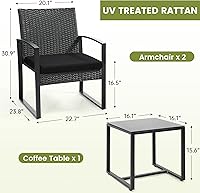 Vista 6 de juego de 3 piezas de mimbre para patio bistró, juego de conversación de ratán con mesa de café, para balcón, porche, jardín, patio, junto a