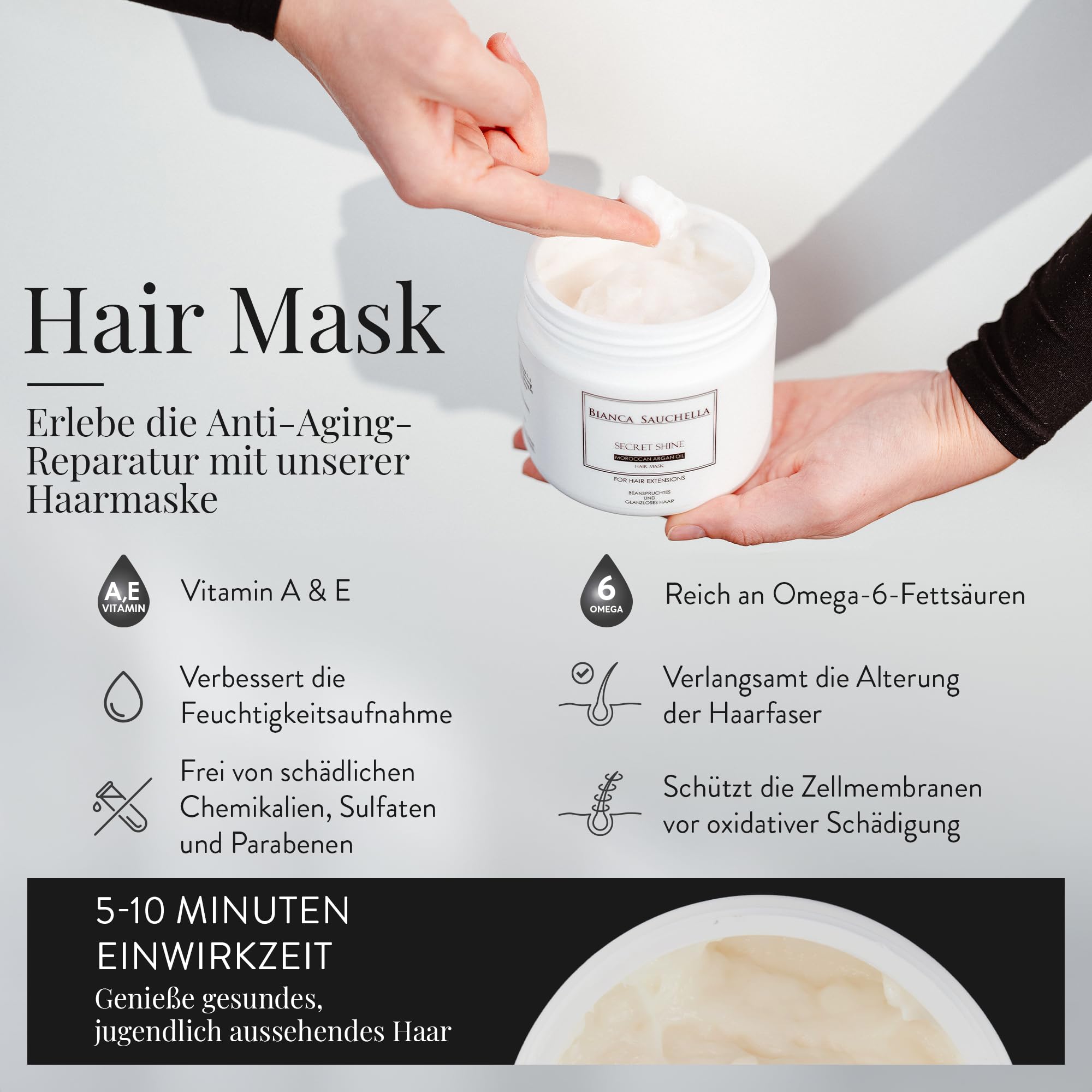 Secret Shine Set – Arganöl Shampoo, Conditioner, Haarmaske & Haaröl mit Collagen & Vitamin B3 – Pflege für glänzendes Haar & Echthaar-Extensions, parabenfrei
