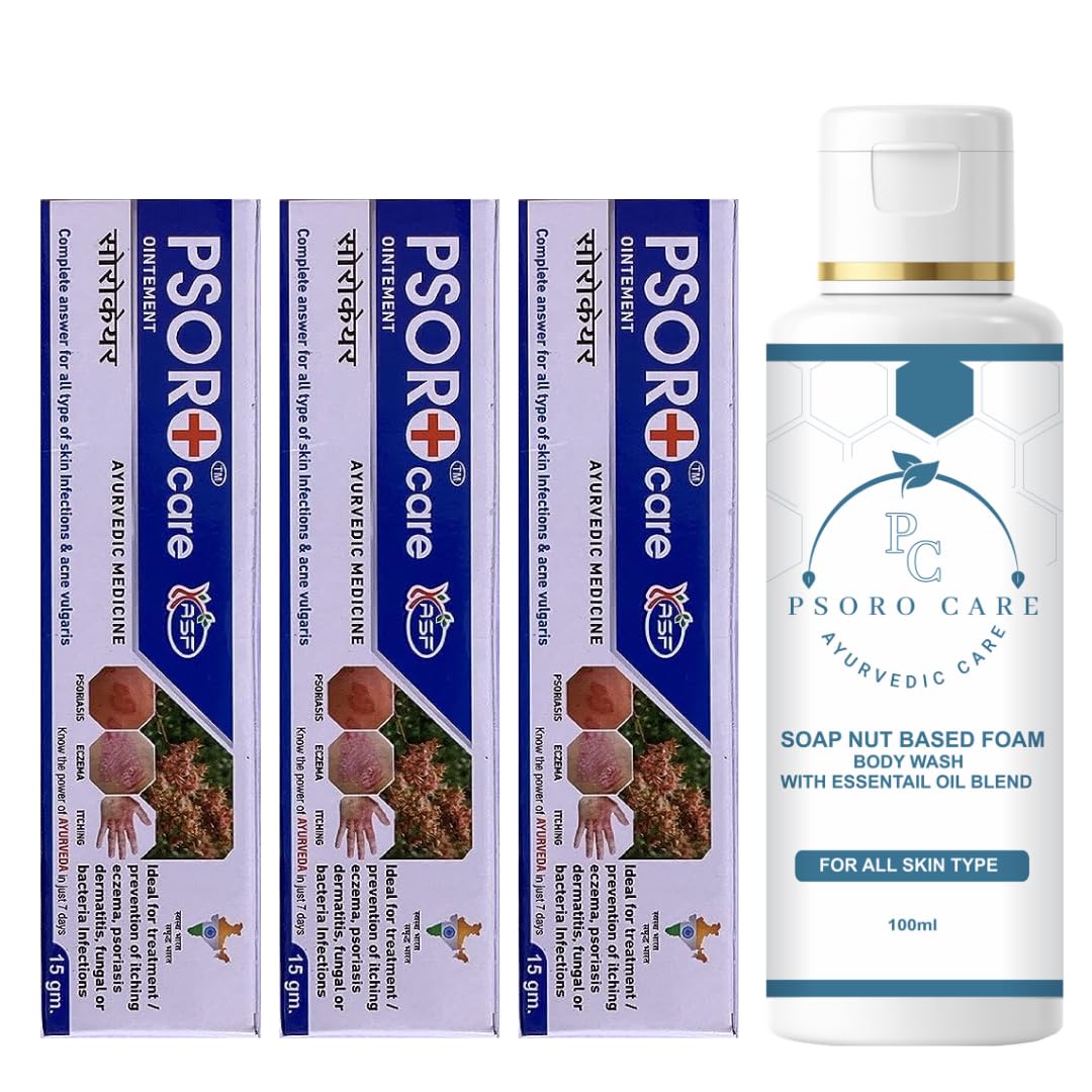 Ayurvedic Ointment for Psoriasis,Eczema and Fungal Infection | Pack of 3 | 15 GM | & Psoro Care Organic Body Wash with Aloe vera, Rose, Turmeric, Neem, Mulethi | Pack of 1 | 100 ML |
