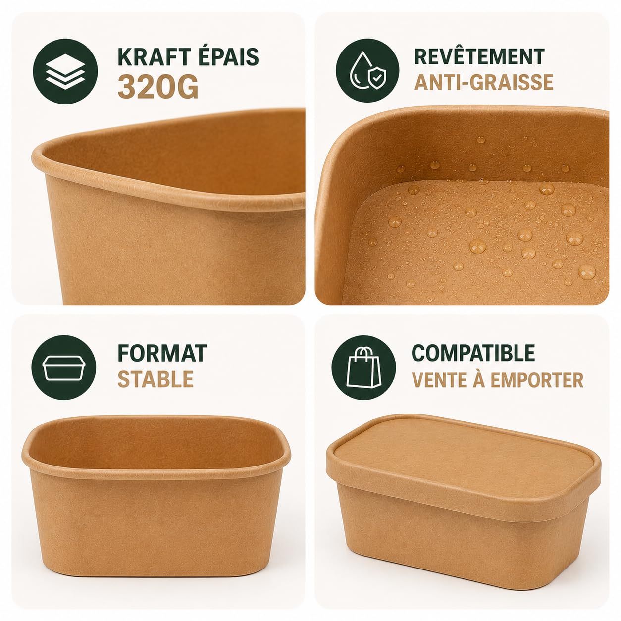 Lot de 50 Barquettes Kraft Alimentaires Rectangulaires 750 ml Couvercles en PP – Boîtes Repas Carton Épais 320g Anti-Graisse pour Vente à Emporter, Salades, Poké, Traiteur