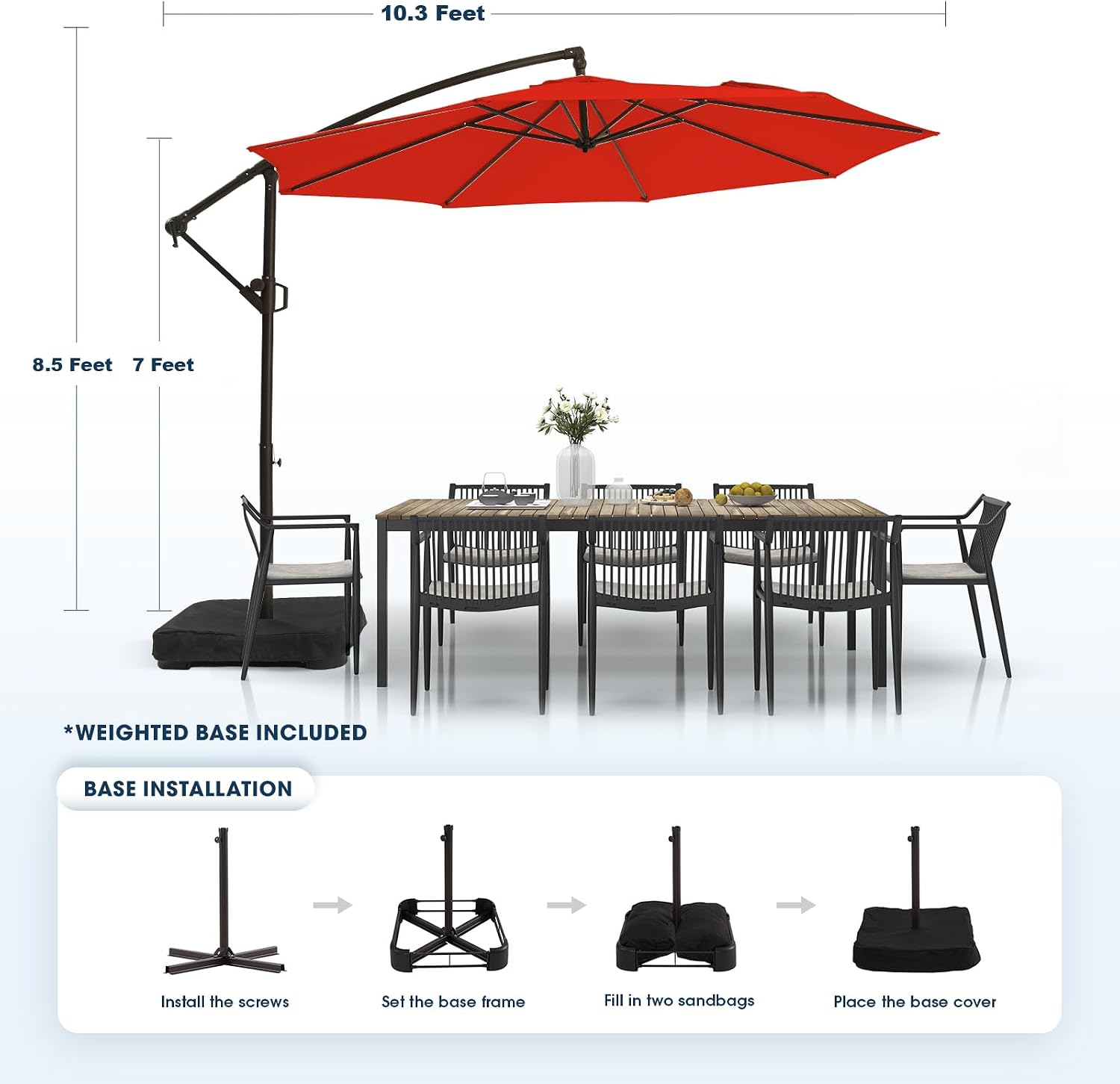 wikiwiki 10ft Patio Umbrella with Base Included, Outdoor Offset Cantilever Umbrella, Infinite Tilt, Crank and Cross Base, Orange Red