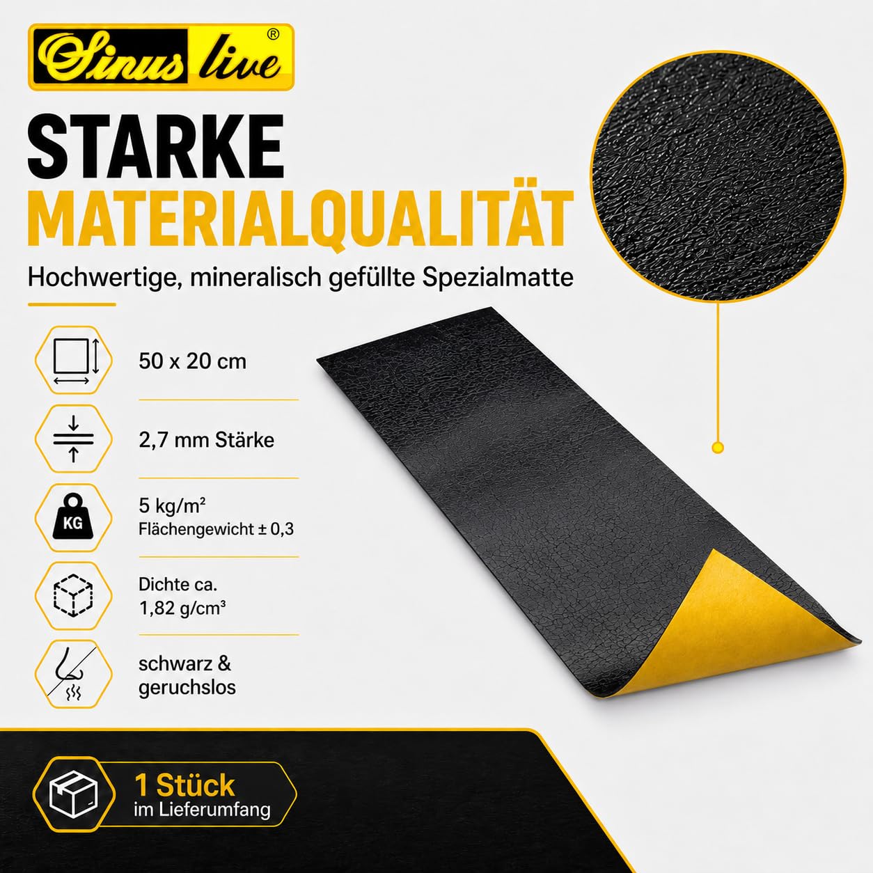 Sinuslive ADM Anti-Dröhn-Matte 50 x 20 cm selbstklebend, 2,7 mm Dämmmatte zur Entdröhnung von Blechteilen, mineralisch gefüllte Spezialmatte, schwarz geruchslos, Made in Germany, Bitumen