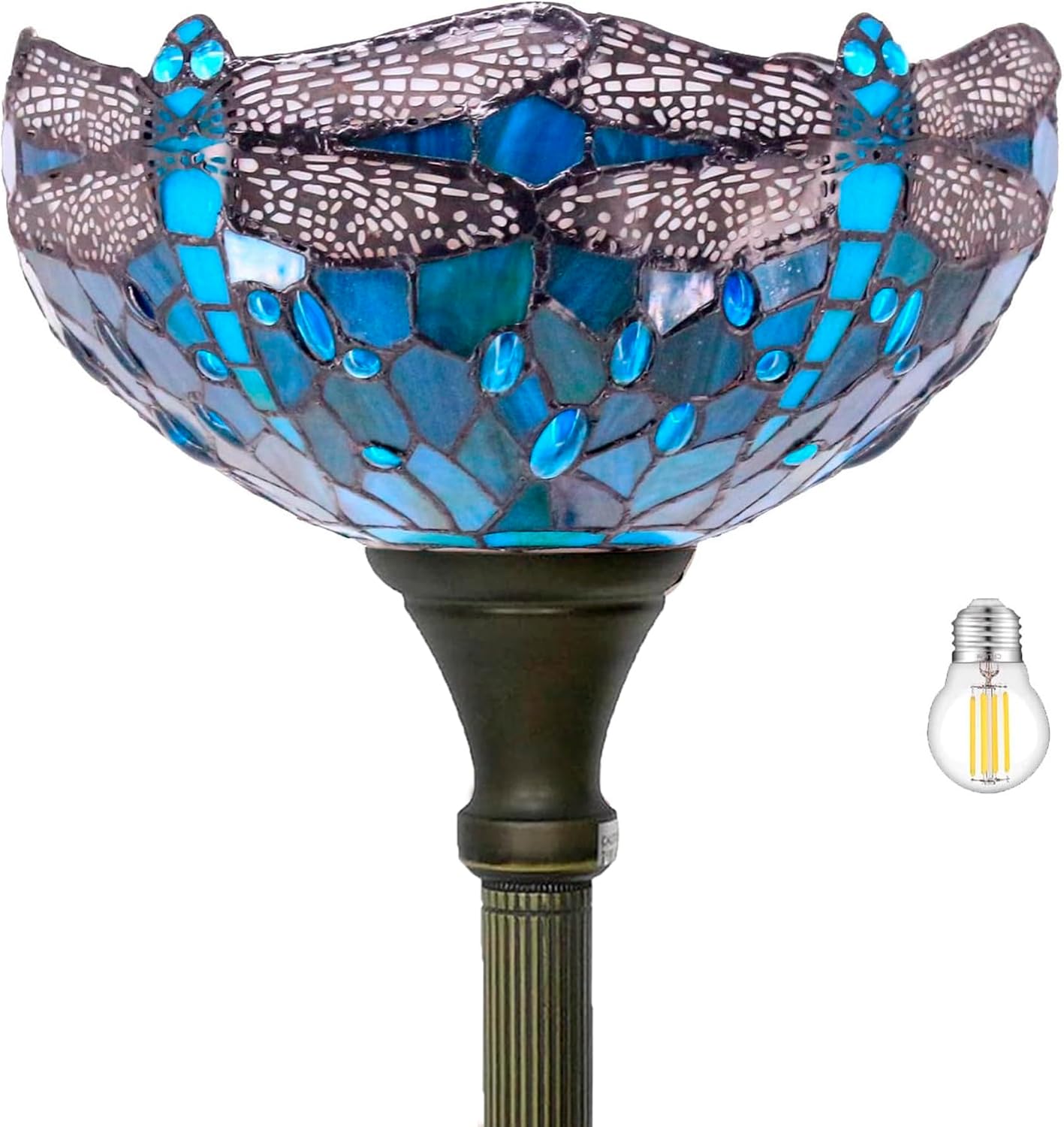 WERFACTORY Tiffany Floor Lamp Green Stained Glass Dragonfly Light 12X12X71 Inches Pole Torchiere Standing Corner Torch Uplight Decor Bedroom Living Room Home Office S622 Series (B)