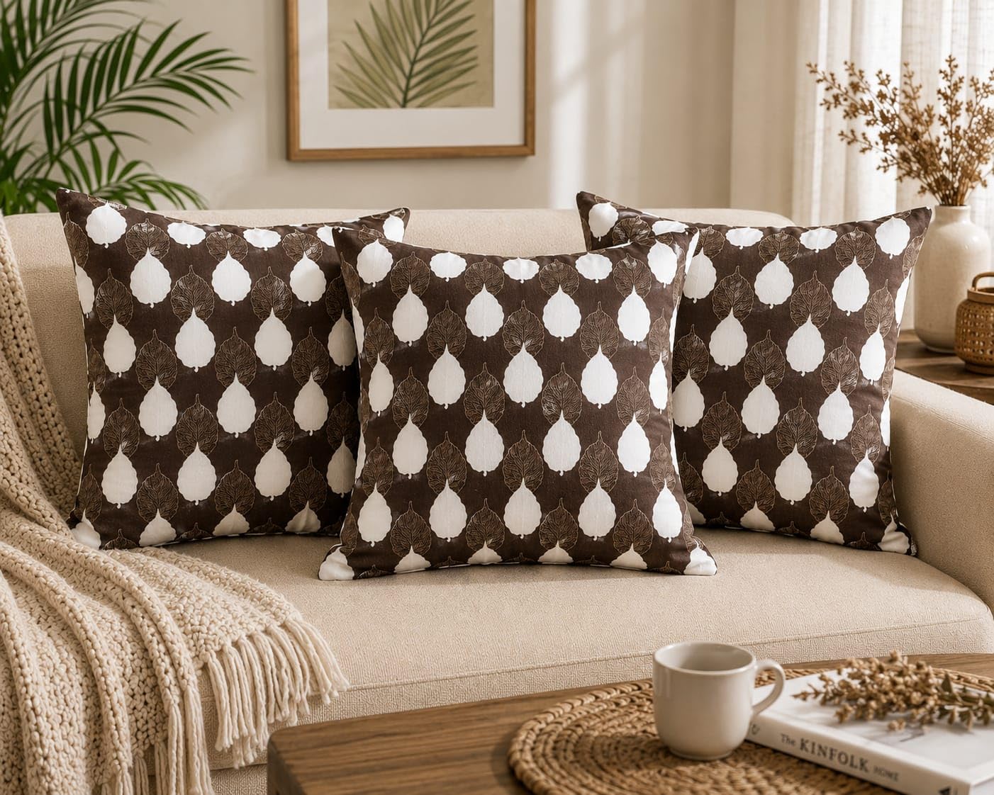 Pack of 3 Leaf Printed Cushion Covers | Premium Fabric Decorative Sofa Cushion Cover Set | Brown & White Botanical Design | Zip Closure | Soft Fabric with Back Lining | 20x20 inch-image-1