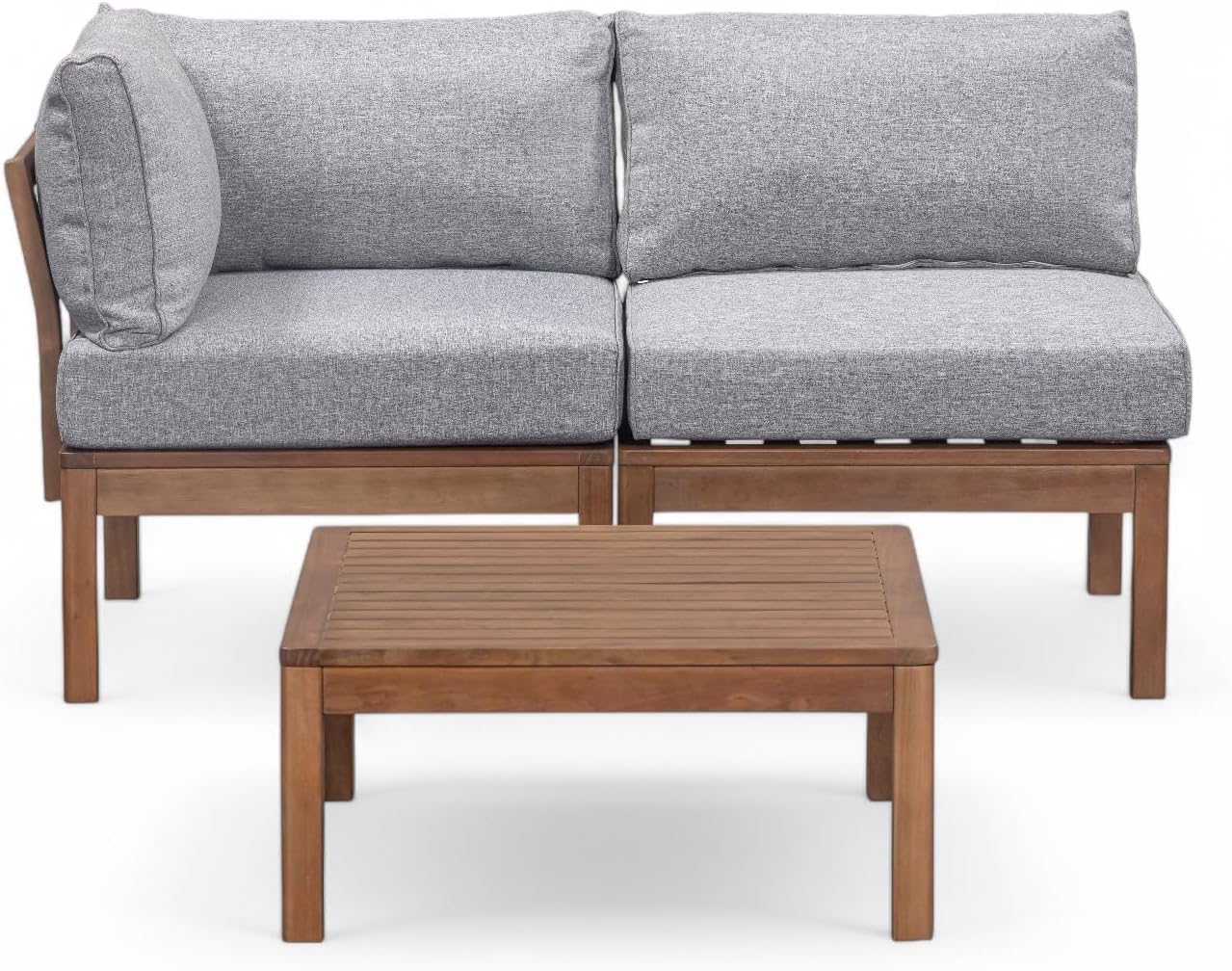 Cali Wooden Garden Lounge Set – 2 Seats – Eucalyptus Wood – Compact Outdoor Furniture with Corner Seat, Middle Seat, Ottoman/Coffee Table – Grey Polyspun Cushions – FSC Certified