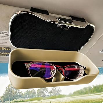 Sunglasses Holder for Car Visor, Car Glasses Box, Protective Automotive Eyeglasses Storage Case Hanger, Automotive Accessories Sun Visor Glasses Storage Box Fits Most Vehicles Beige