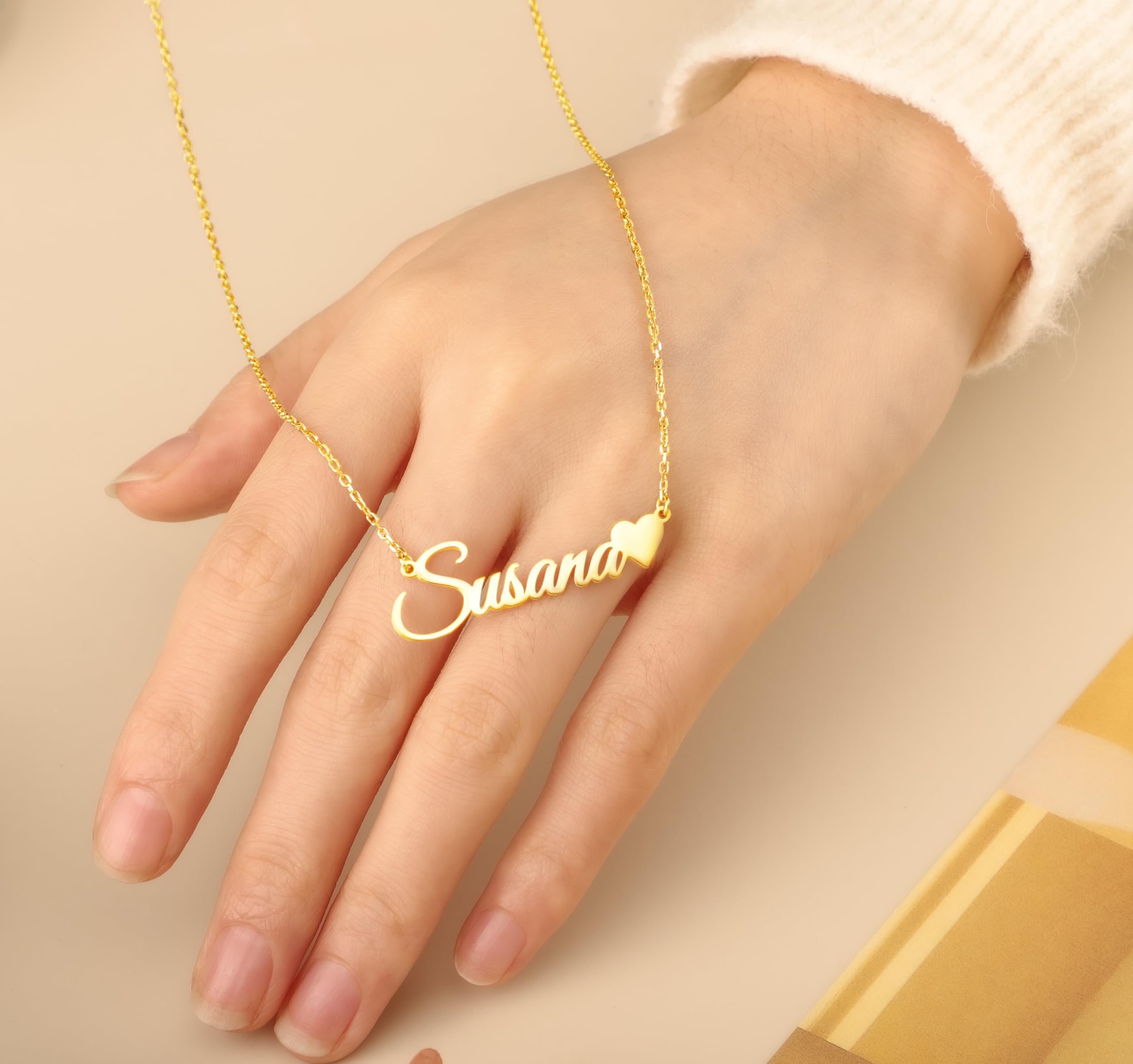 TinyName Custom Name Necklace Personalized 18K Plated Nameplate Customized Jewelry Gift for Women: Horizontal Name Necklace-Heart 2