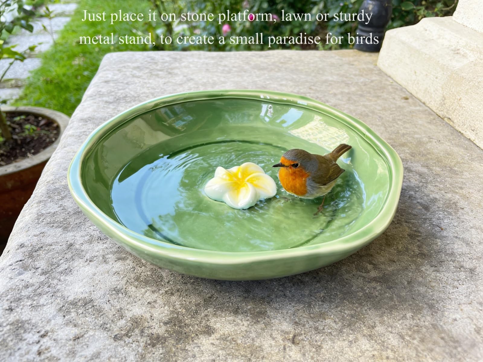 Cuenco decorativo de cerámica verde claro de 11.8 pulgadas para baño de pájaros silvestres de alta temperatura para jardín al aire libre, solo cuenco
