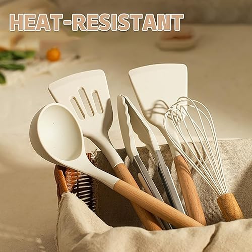 Vista 12 de Umite Chef Juego de utensilios de cocina de cocina, 33 piezas antiadherentes de silicona con soporte, mango de madera, resistente al calor, juego