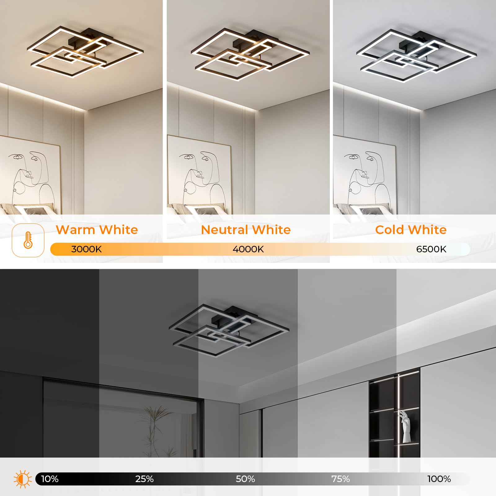 DELIPOP Plafon LED Techo, 40W Moderna Lampara LED de Techo para Salon Regulable con Mando a Distancia/APP 3000K-6500K, Negro Luz de Techo para Sala de Estar, Pasillo, Dormitorio, Comedor
