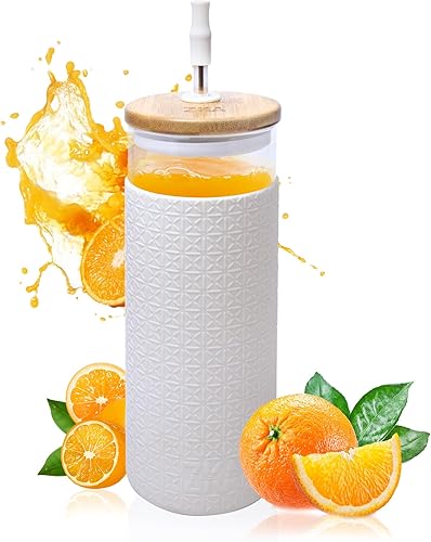 Miniatura 1 de ZKA Global Vaso Boba reutilizable de 24 onzas con tapa de bambú, 2 popotes con punta de silicona y cepillo de limpieza, vaso de vidrio con funda