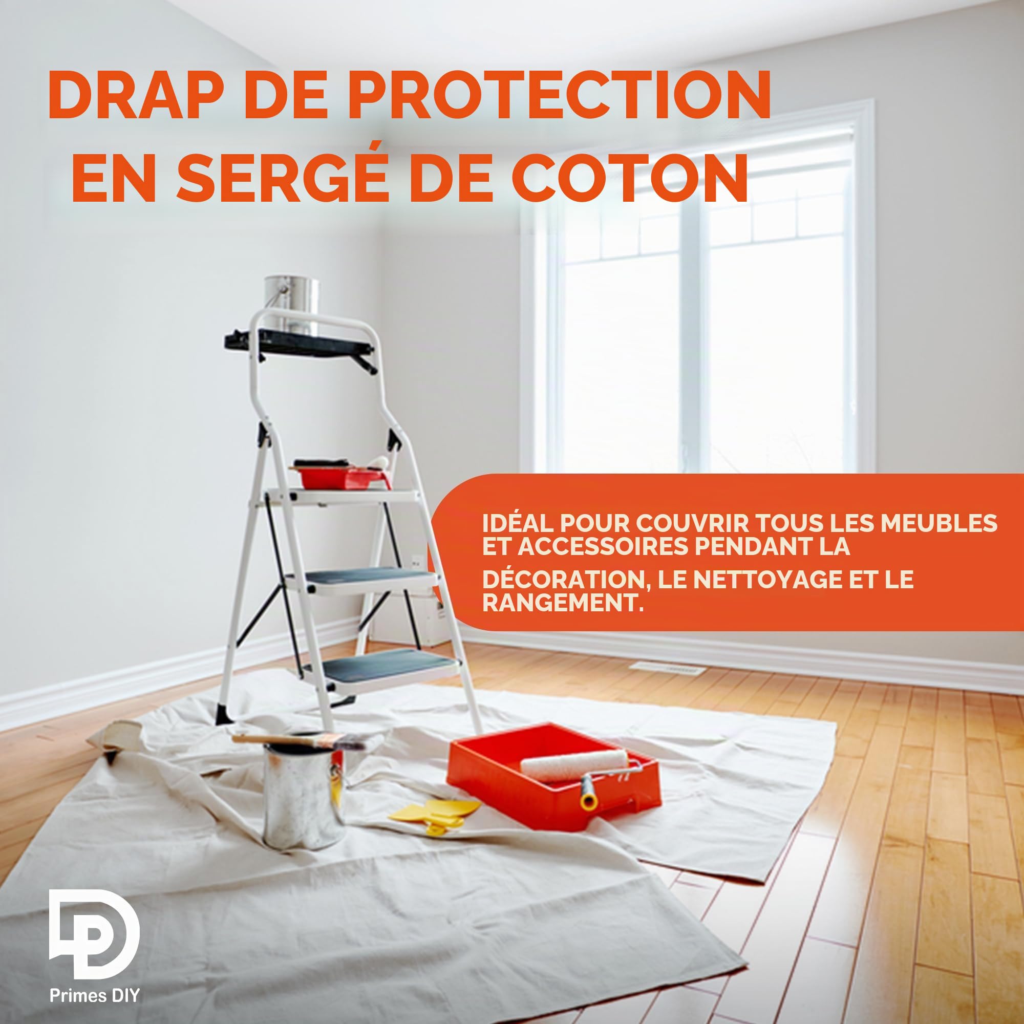 PRIMES DIY Bâche anti-poussière en coton sergé de qualité professionnelle pour peinture et décoration, durable, réutilisable, housse de meubles, toile naturelle, tissu de haute qualité, 3,7 x 2,7 m