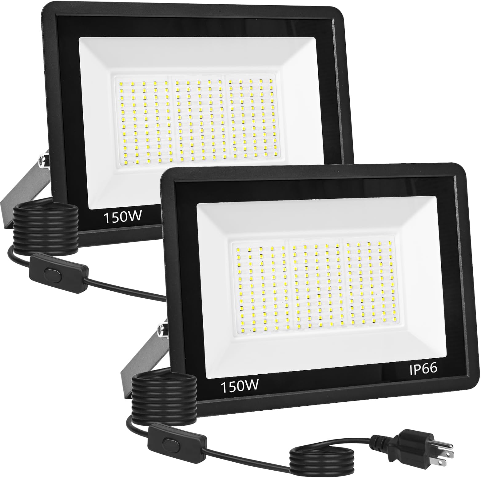 2 Pack 150W Led Flood Light Outdoor, 15000LM Super Bright Outside Work Light with Plug,IP66 Waterproof Security Lights,5000K Daylight White Floodlights Outdoor for Garden Yard Playground Court