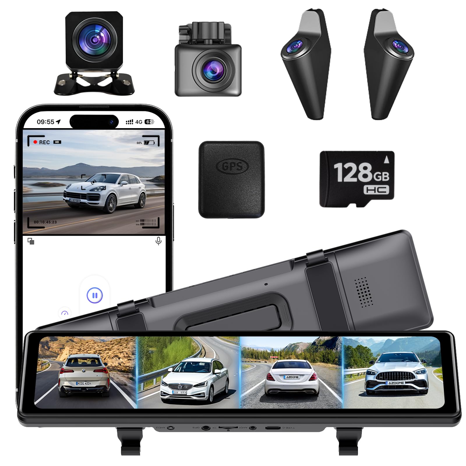 Photo 1 of **ITEMS FACTORY SEALED** 4 Camera System,10" AHD Mirror Rear View Dash Cam, Touch Screen Dash Cam with 128GB Card/Reverse line/WiFi/APP/1080P Night Vision for Car,Pickup,Truck,RV,Bus,SUV,MPV