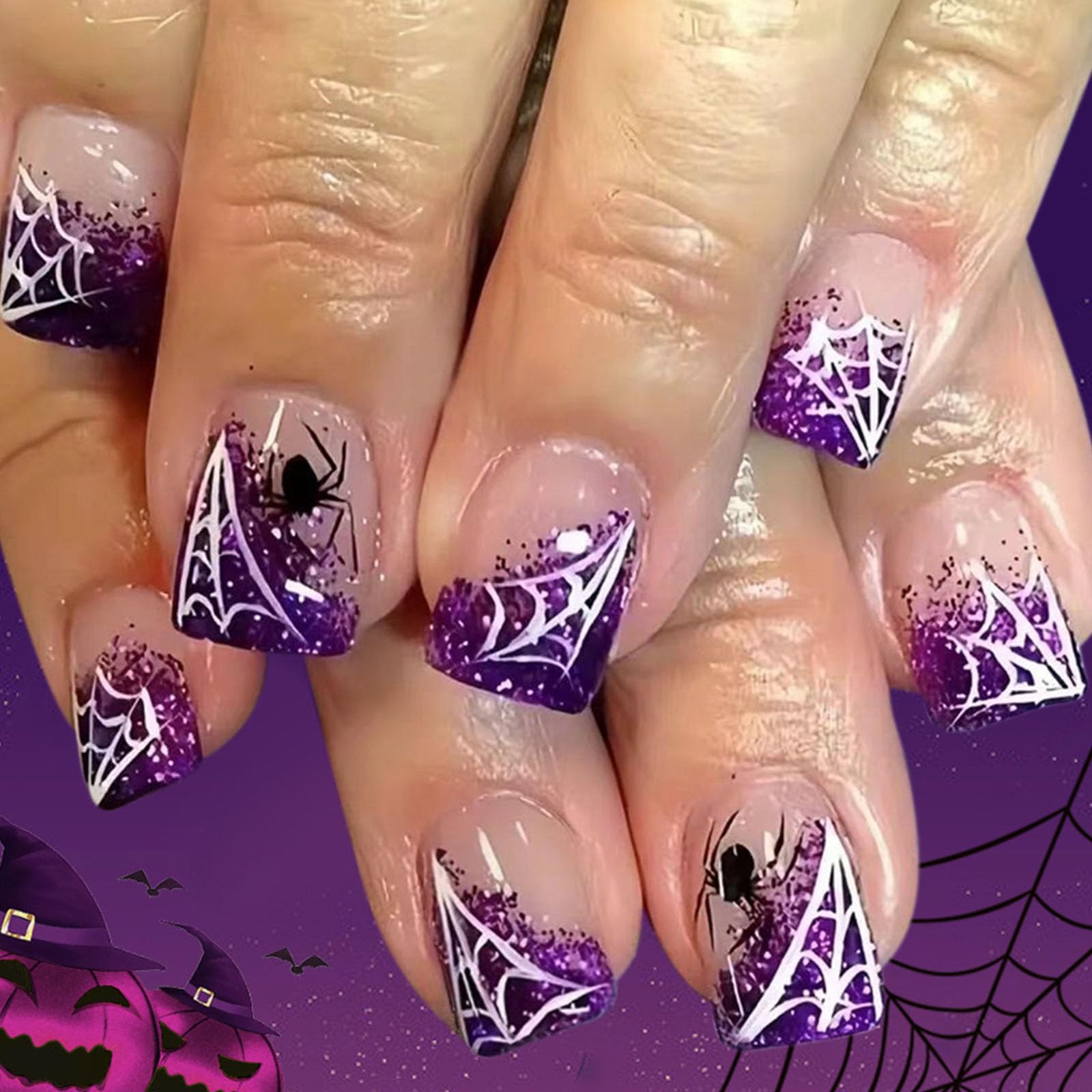 Halloween Press on Nails Short Square Fake Nails with Spider Web Designs Spider Nails Press ons Purple Glitter Acrylic Nails for Women 24Pcs