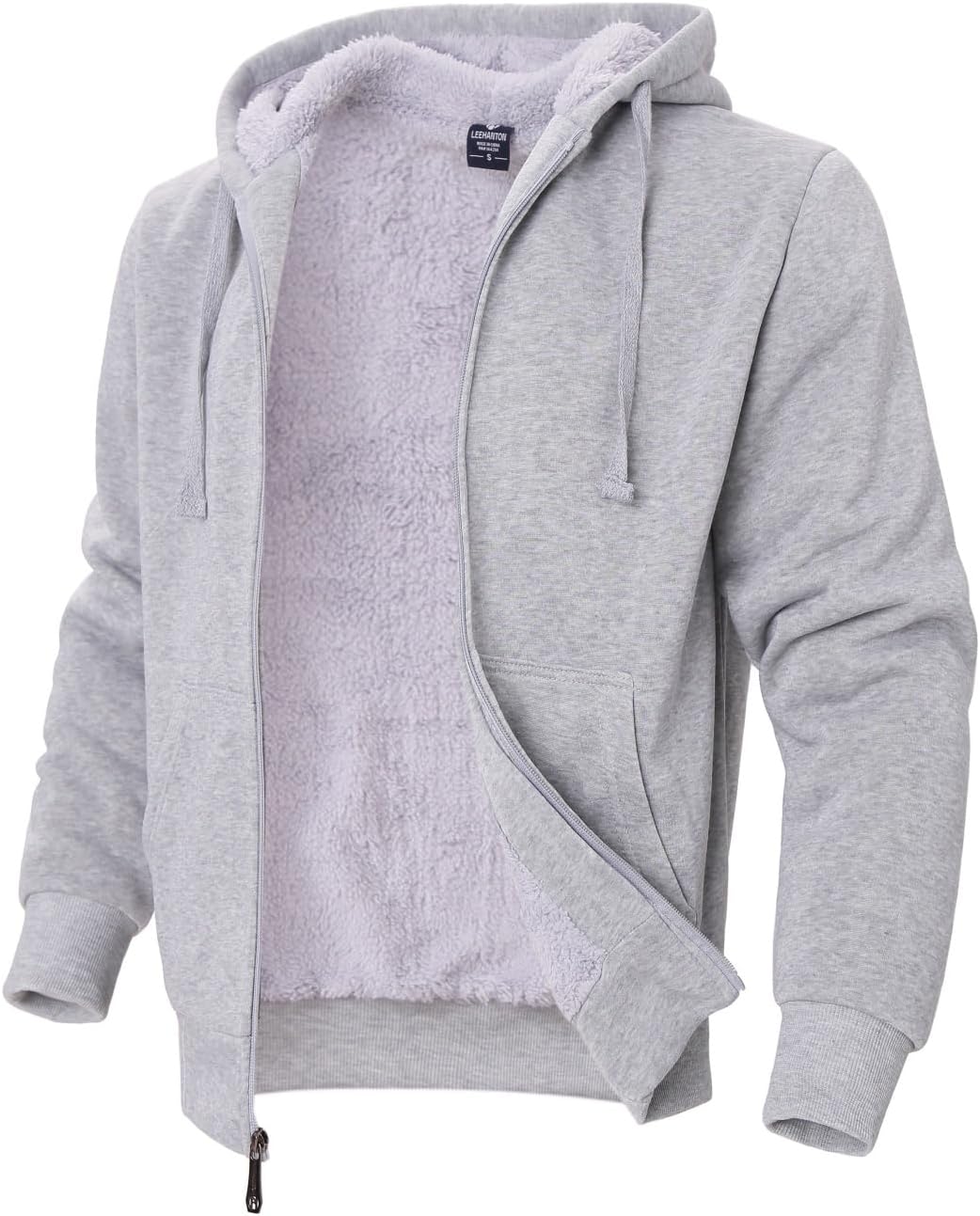 Men's Sherpa Lined Hoodie Jacket - Heavyweight Zip-Up Sweatshirt With Pockets, Lt. Grey, 4XL - View #2