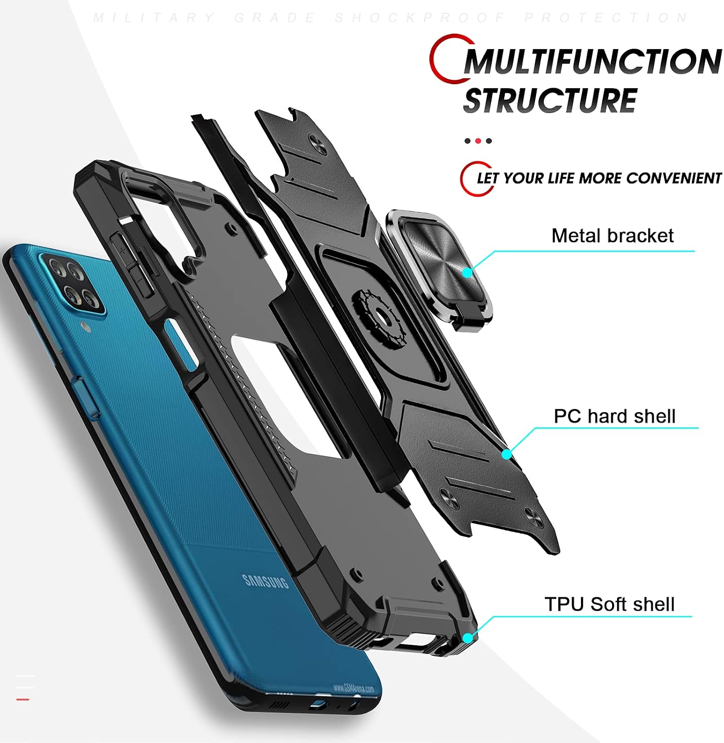 LeYi for Galaxy A12 Case, Samsung A12 Case with Tempered Glass Screen Protector (2PCS), [Military-Grade] Phone Cover Case with Ring Holder Kickstand for Samsung Galaxy A12, Black