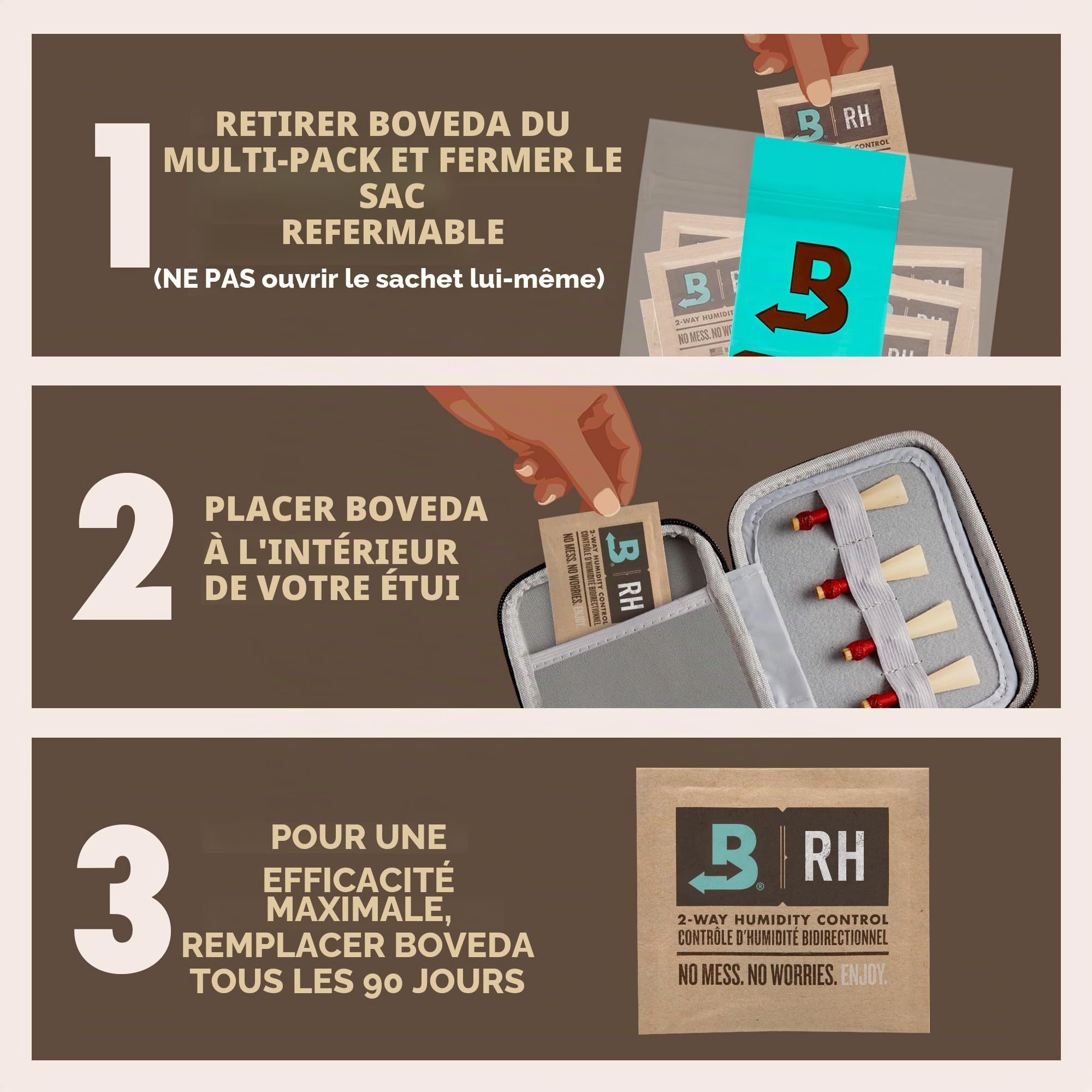 Boveda pour la musique | régulateur d'humidité dans les 2 sens à 84% d'HR pour les bois à anche | taille 8 pour conserver des anches de rechange pendant les concerts | 10 sachets