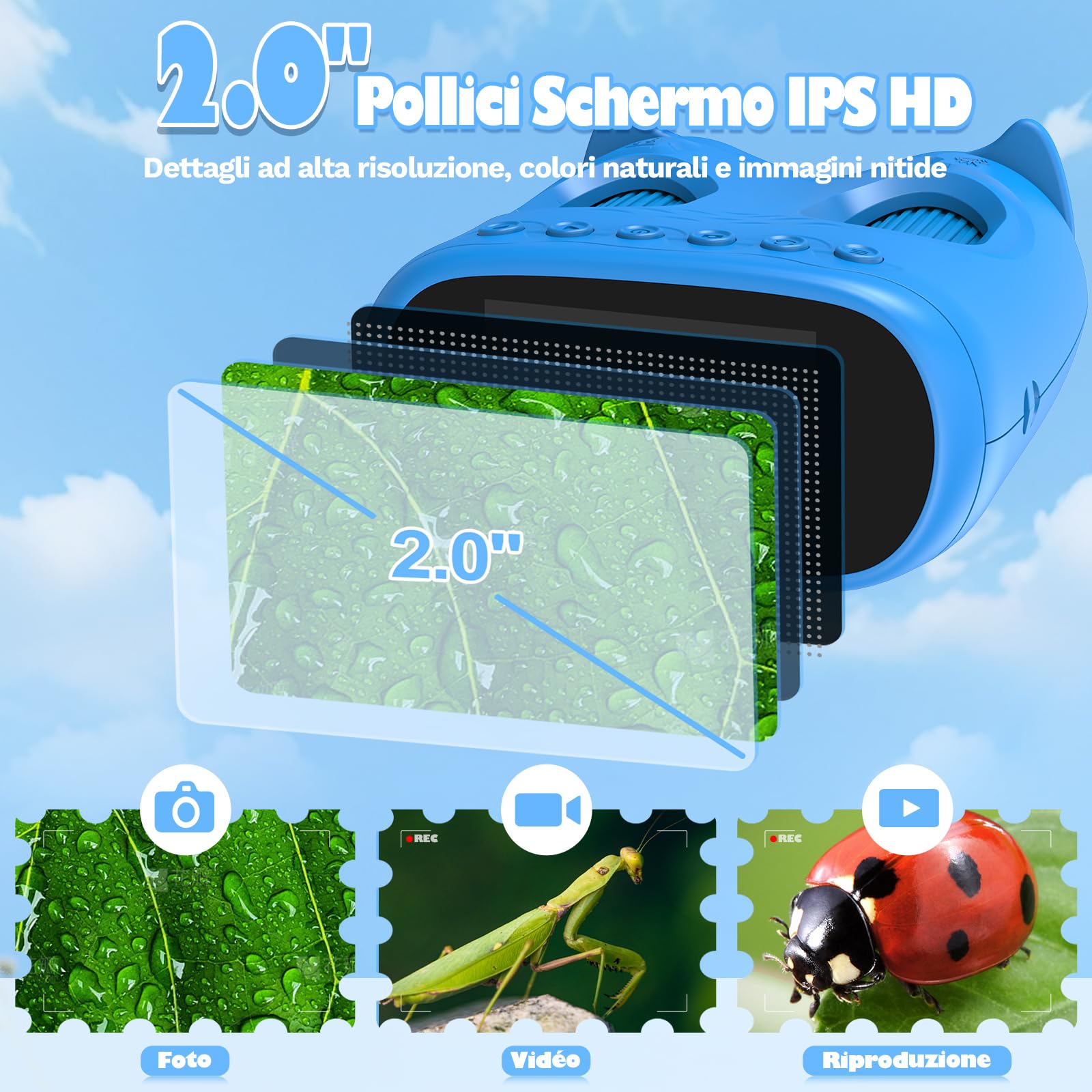 Microscopio e Telescopio Digitale 2 in 1 per Bambini (Blu) | Microscopio Portatile 1000x con Schermo HD da 2,0", Funzioni Fotografiche e Telescopiche – Regalo Natale o Compleanno