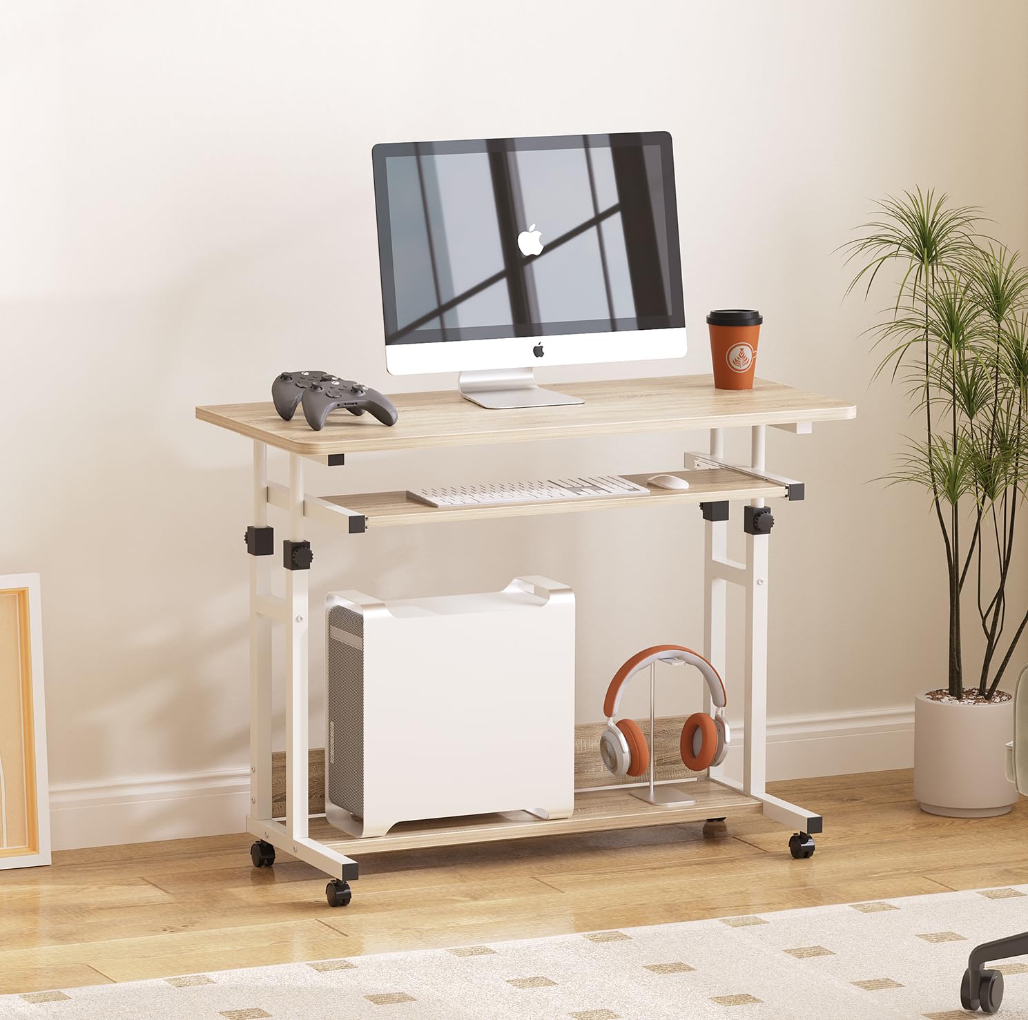 Dripex Escritorio de Altura Ajustable, Mesa de Ordenador con Ruedas, Escritorio pequeño sobre Ruedas, Mesa para portátil Que Ahorra Espacio, con Bandeja extraíble para Teclado y estantería, Mesa