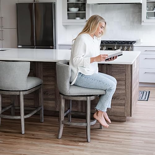 Miniatura 4 de Maven Lane Hugo Taburete de bar de 26 pulgadas de alto con respaldo bajo en acabado de roble recuperado con asiento tapizado de tela gris ceniza