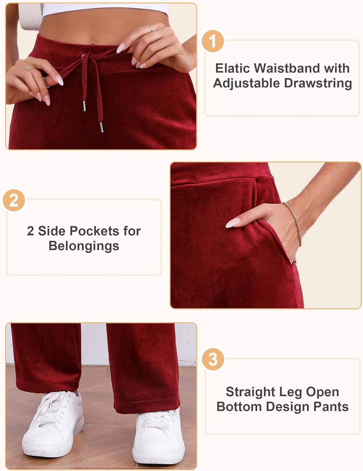 Velour Pants for Women, Straight Leg Womens Velour Sweatpants, Velvet Wide Leg Lounge Pants for Women with Pockets - Image 5