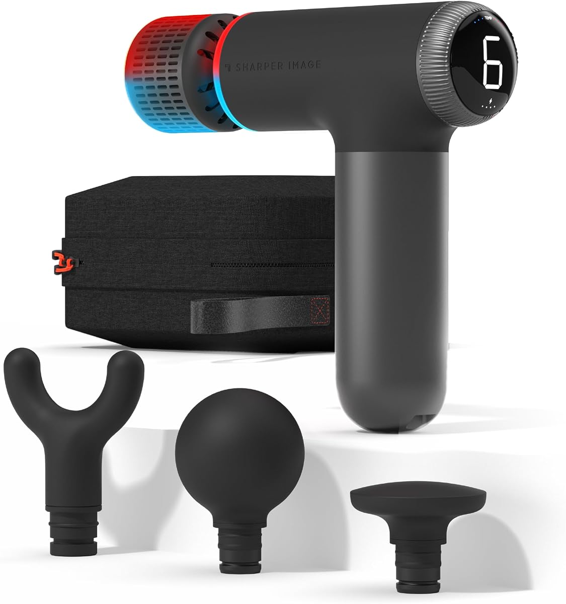 Sharper Image® Powerboost® Pro+ Hot & Cold Compact Deep Tissue Massage Gun - 6 Speed, 4 Attachments, Travel Case| Soothing Heat & Cold Therapy| Portable Lightweight Full Body Shoulder & Back Massager