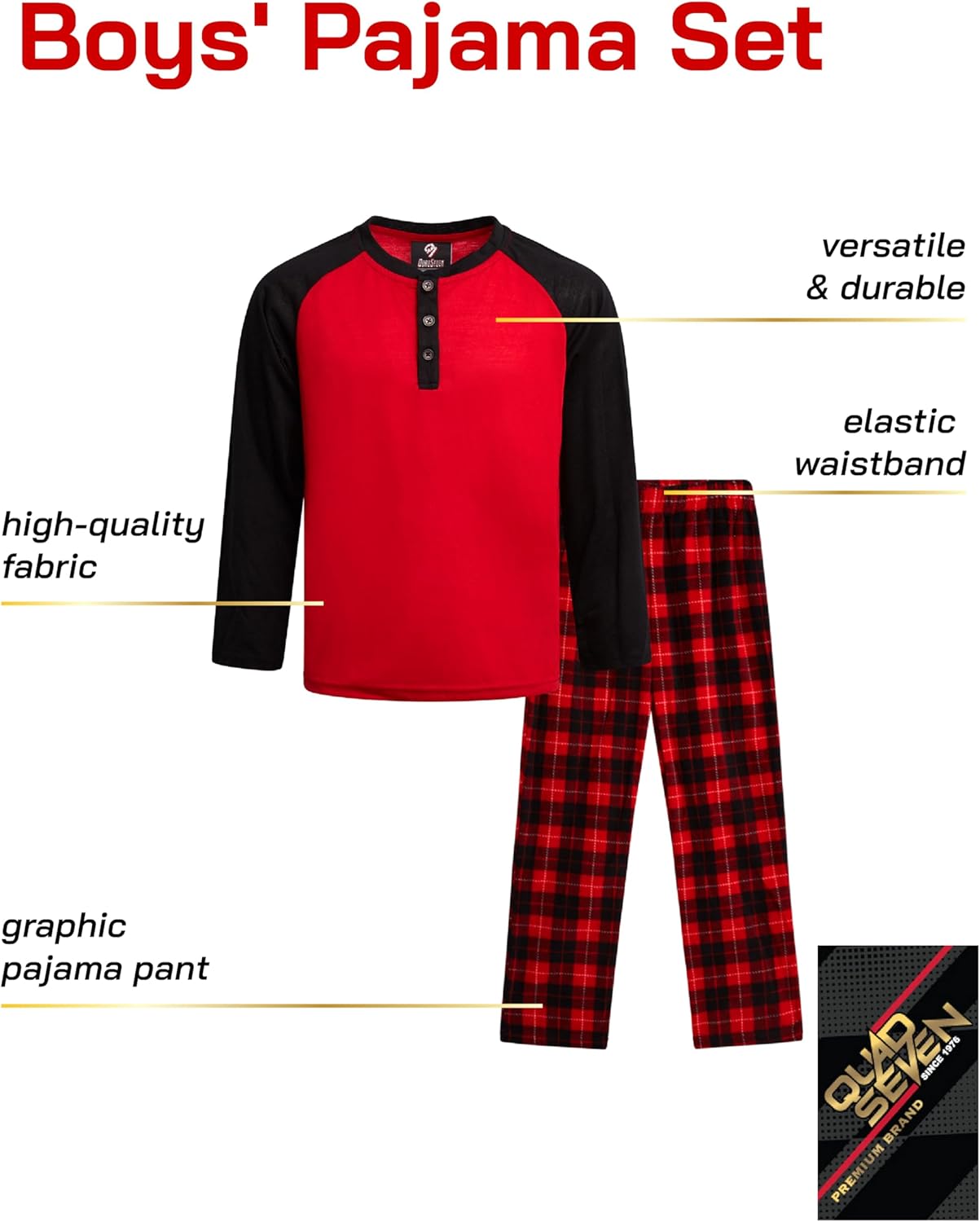 Quad Seven Boys Pajamas Set - 2 Piece Henley Sleep Shirt Lounge PJ Boys Pajama Pants for Kids Sleepwear (Sizes: 8-18) - Image 2