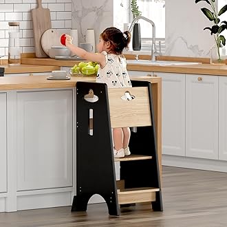 COSYLAND Toddler Standing Tower Adjustable Height - Super Stable Toddler Kitchen Stool Helper with Protive Panel - 3 Levels Adjustable Wooden Kitchen Stool for Kids (Natural & Black)