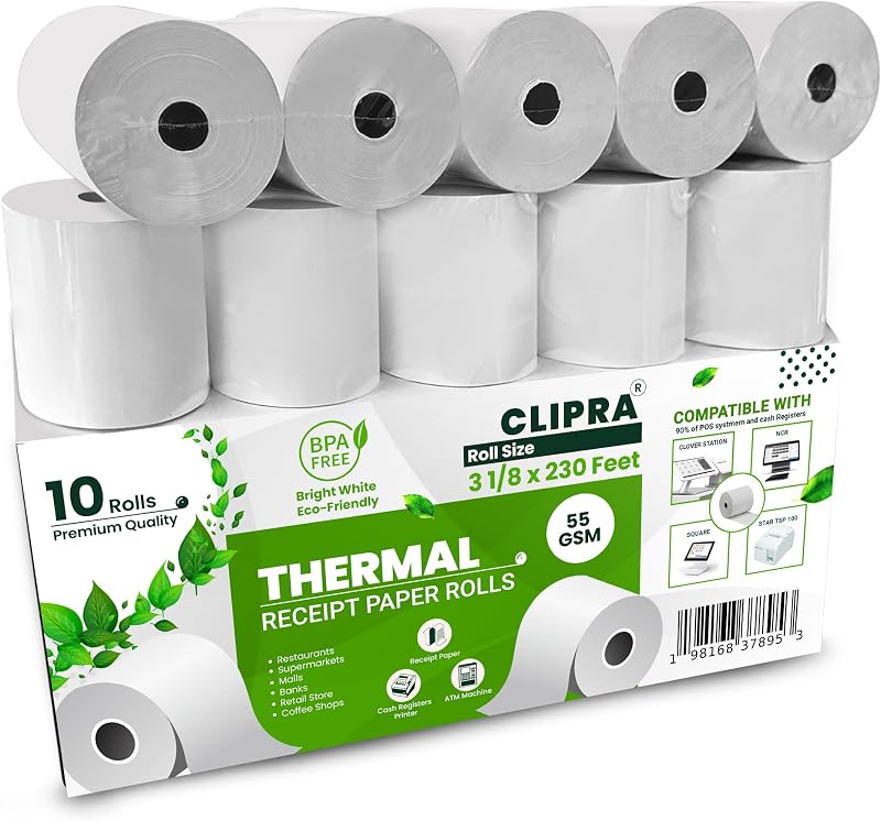3 1/8 x 230 Thermal Paper Receipt Rolls (10 PACK) [USA Based Brand] | 55 GSM - Compatible with All POS Systems, Cash Registers - BPA Free, Premium Quality Receipt Paper Rolls